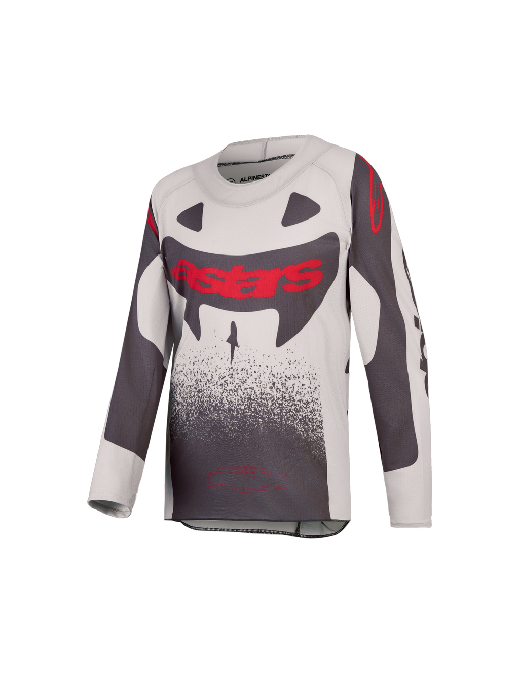 Alpinestars Jeugd Supertech Swan jersey 2027, motocross jersey, grijs en fluo rood, lichtgewicht geventileerd stretchmesh.