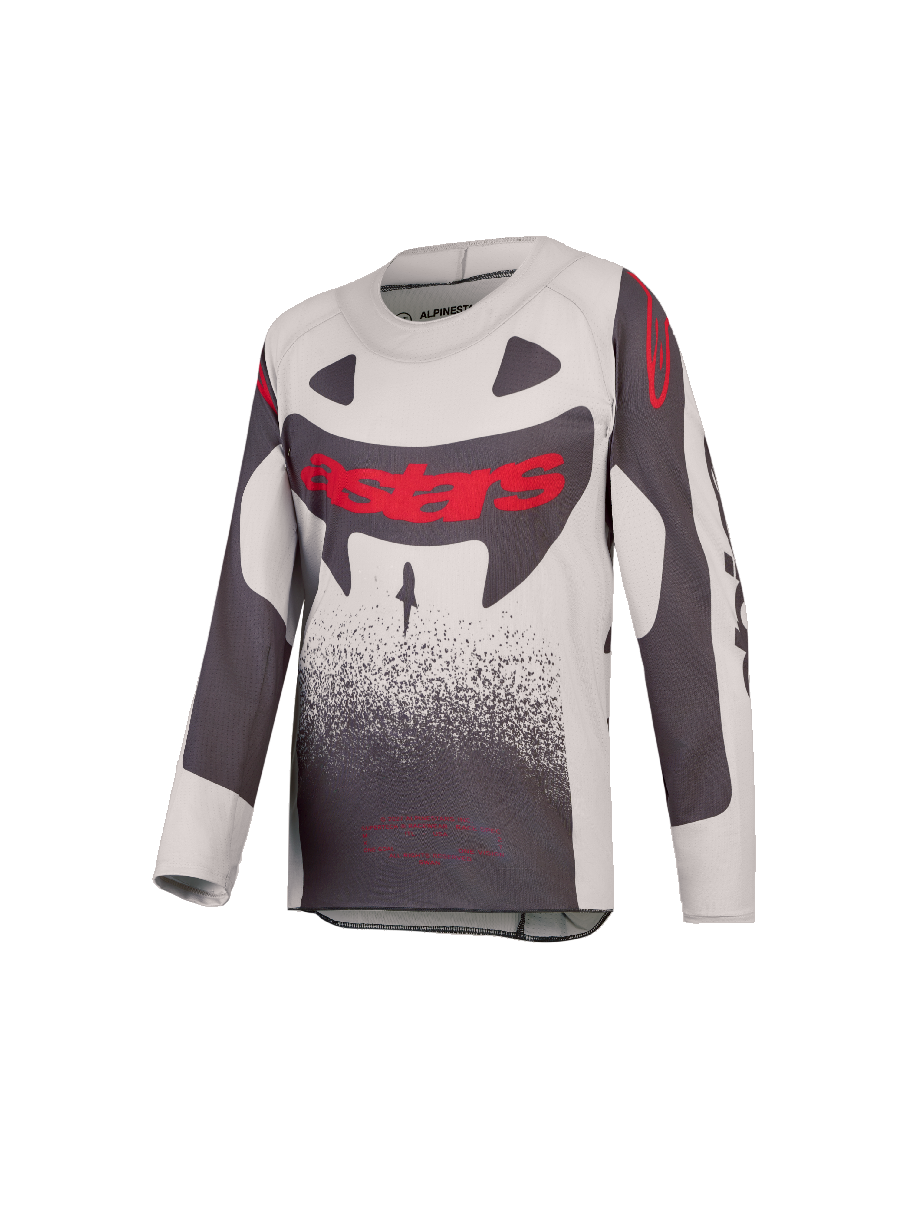 Alpinestars Jeugd Supertech Swan jersey 2027, motocross jersey, grijs en fluo rood, lichtgewicht geventileerd stretchmesh.