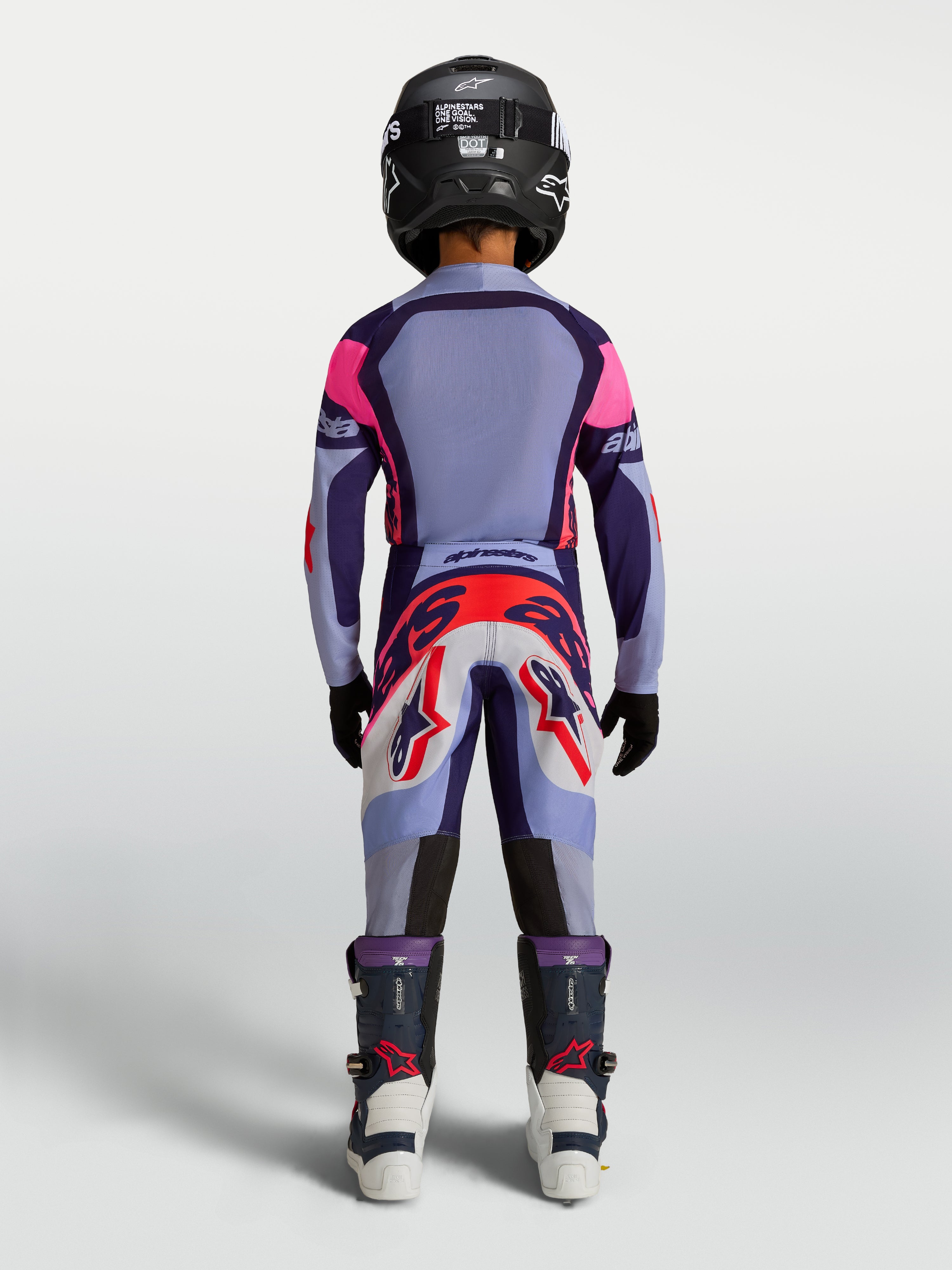 Alpinestars Youth Supertech Dyna Gear Set, purple and pink motocross racing outfit with lightweight stretch mesh jersey.