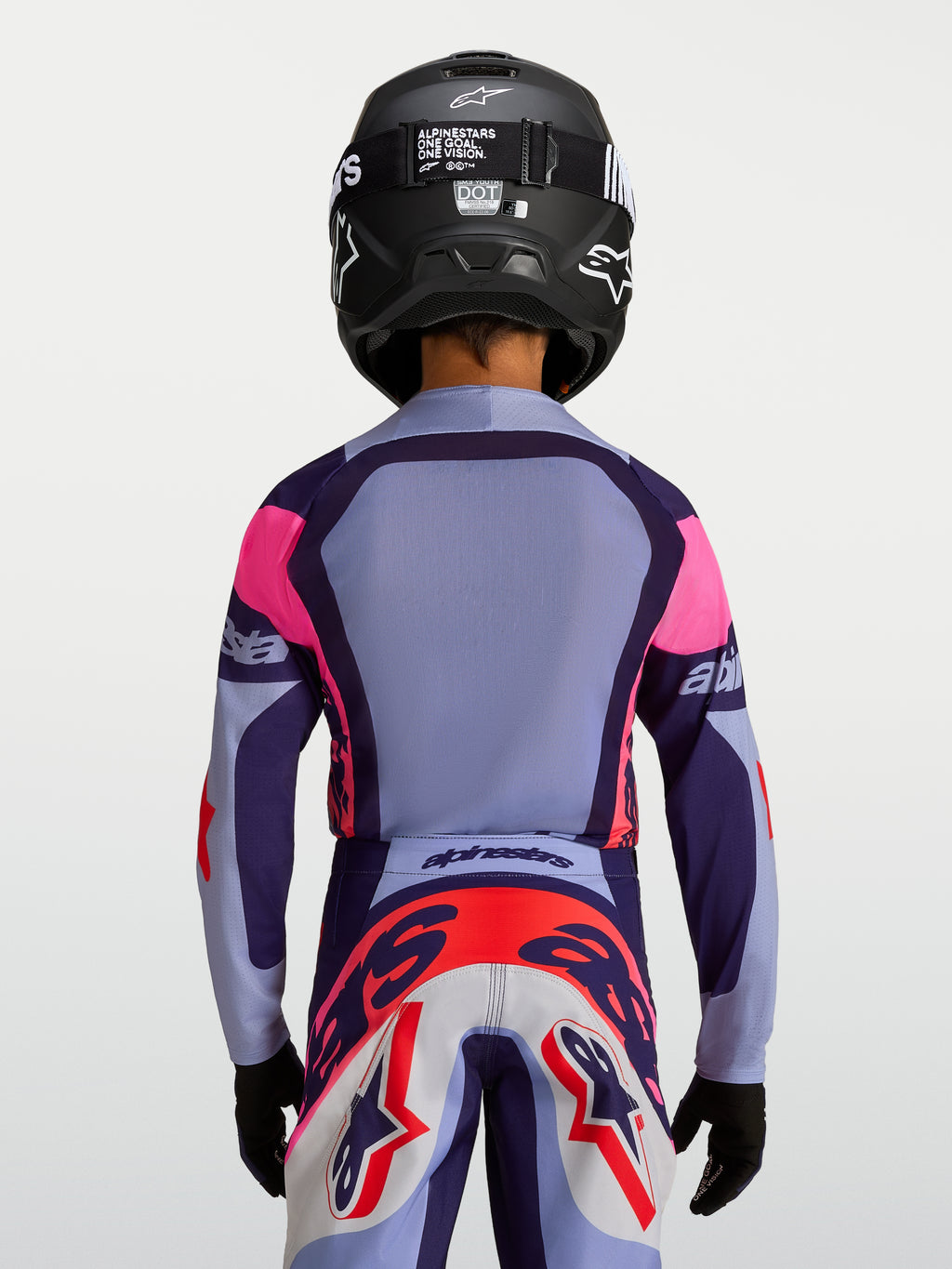 Alpinestars jeugd Supertech Dyna jersey, paars en roze motocrossjersey, ademende race-fit, achteraanzicht van jonge rijder.