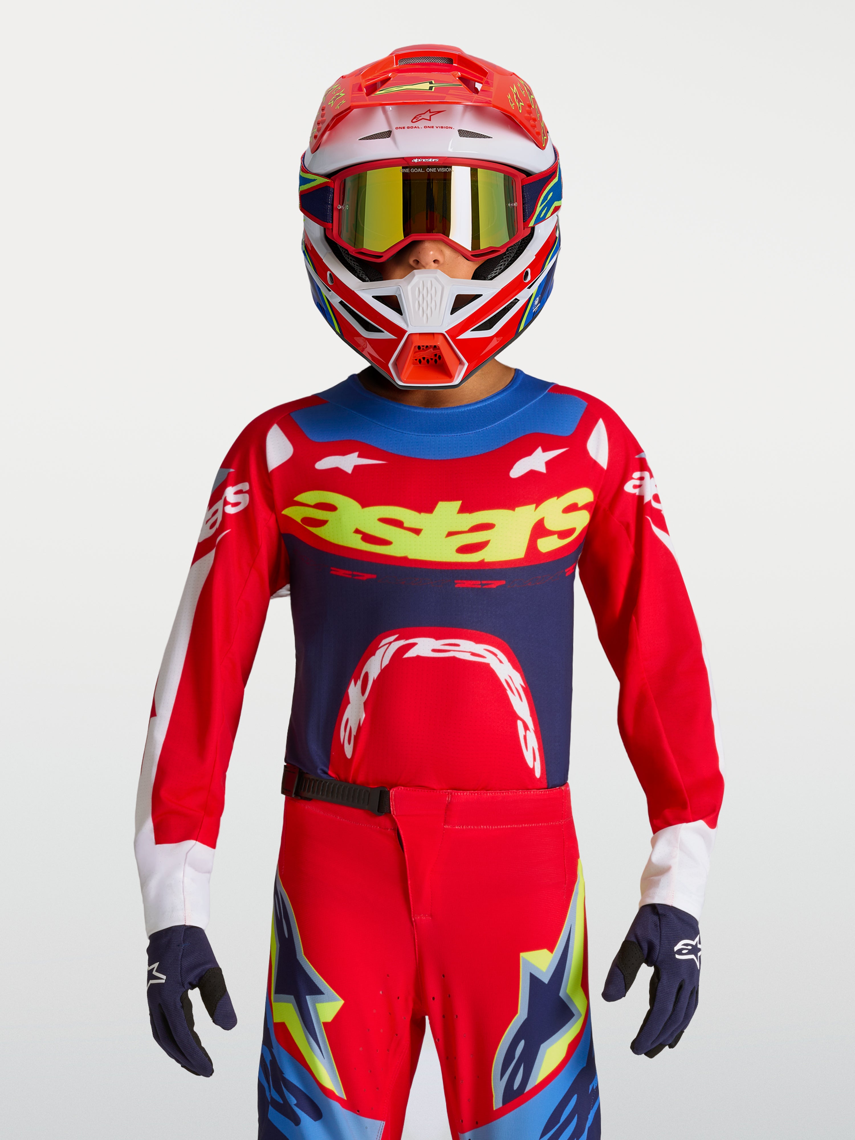 Alpinestars Jeugd Supertech Dyna Jersey 2027, rood en marineblauw motocrossjersey van ademend stretchmesh voor jonge rijders.
