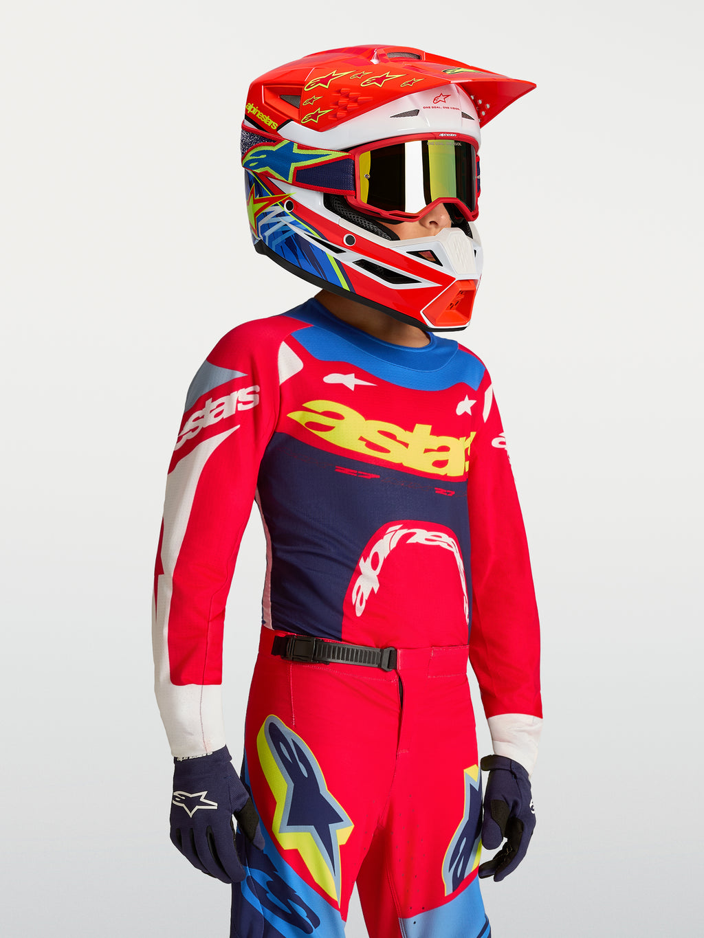 Alpinestars Jeugd Supertech Dyna Jersey 2027, rood en donkerblauw, lichtgewicht stretchmesh motorcrossjersey voor racing.