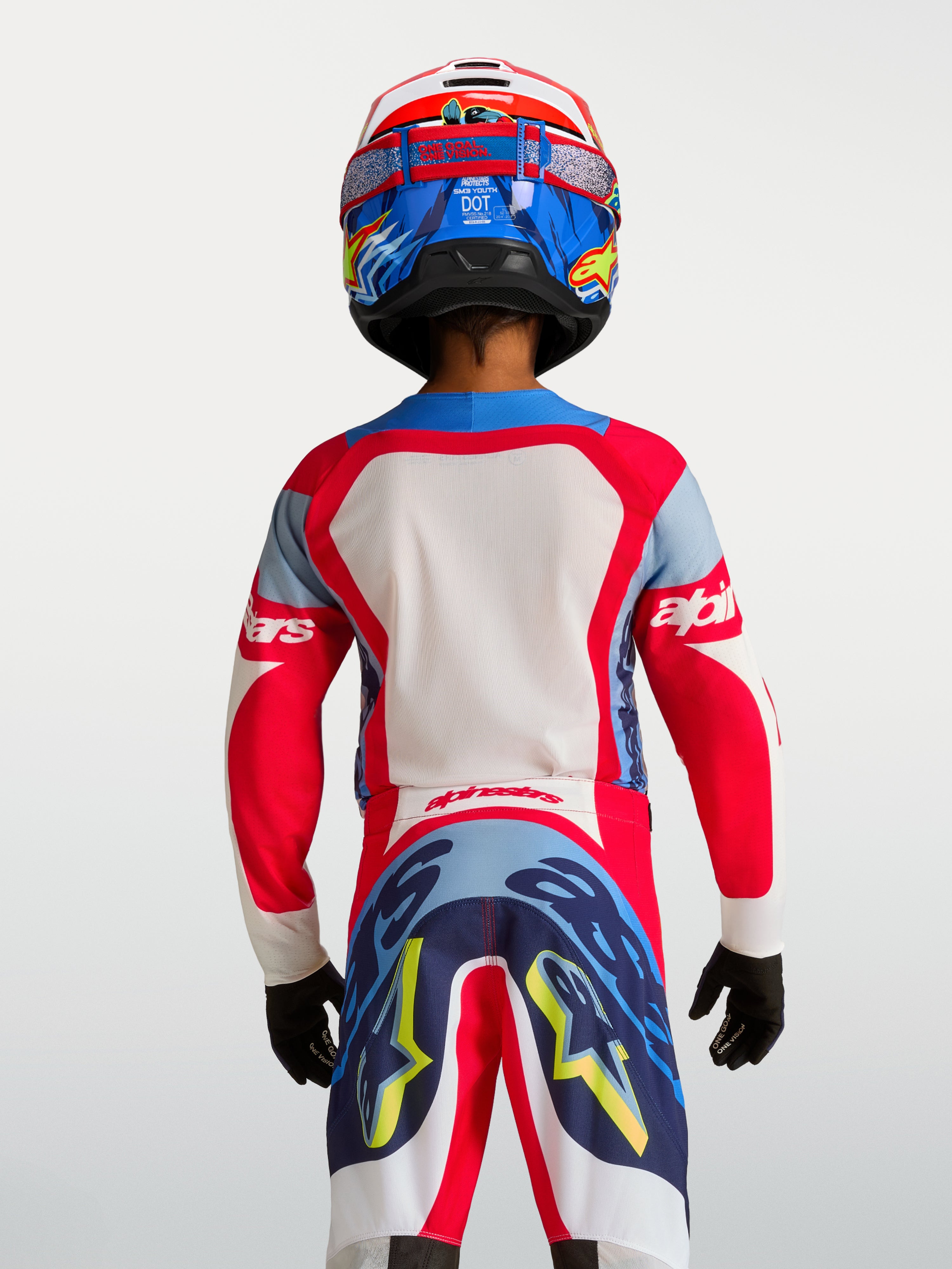 Alpinestars Jeugd Supertech Dyna jersey 2027, rood, wit en navyblauw, motorcrossjersey van stretchmesh, achteraanzicht.