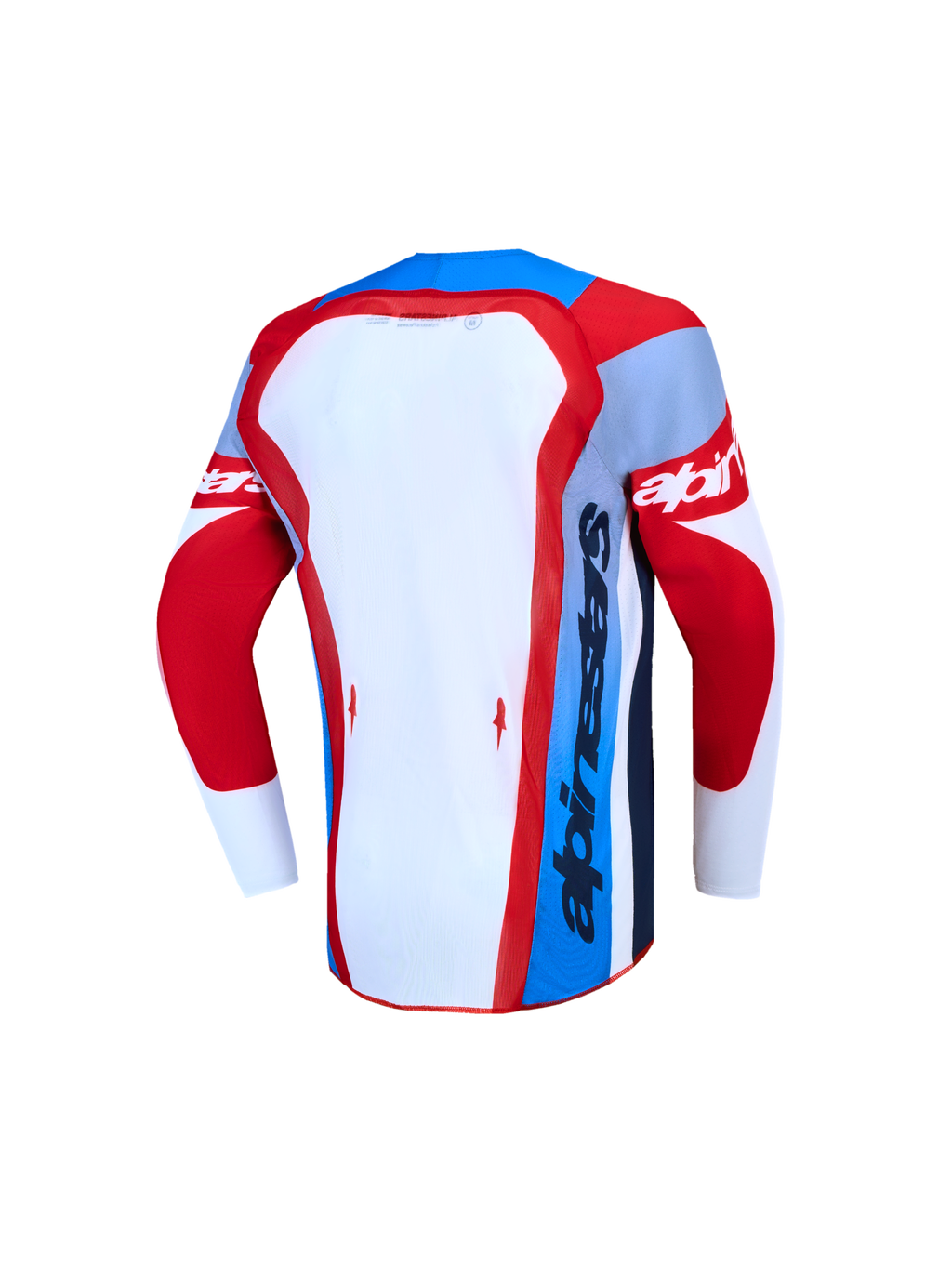 Alpinestars jeugd Supertech Dyna jersey, achteraanzicht in rood, wit en blauw, ademend stretchmesh voor motorcross.