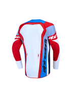 Alpinestars jeugd Supertech Dyna jersey, achteraanzicht in rood, wit en blauw, ademend stretchmesh voor motorcross.