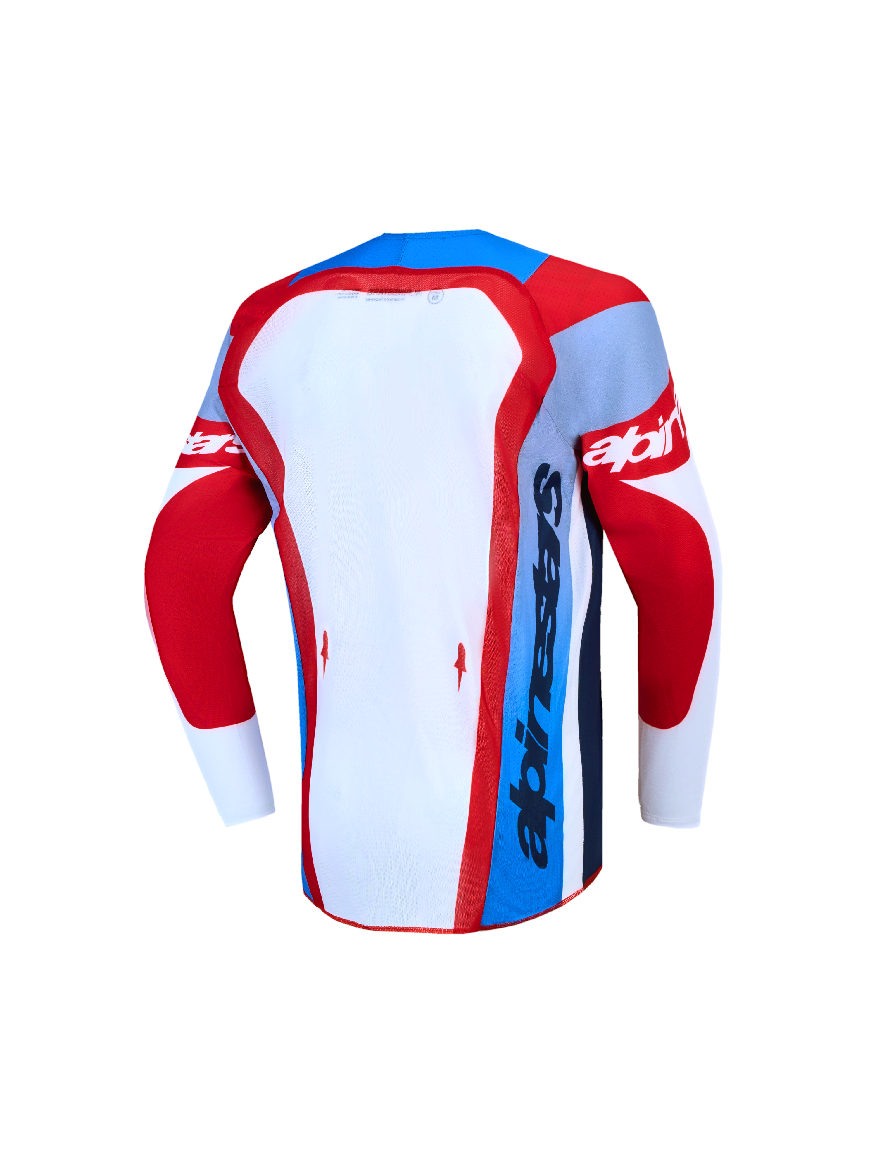 Alpinestars jeugd Supertech Dyna jersey, achteraanzicht in rood, wit en blauw, ademend stretchmesh voor motorcross.