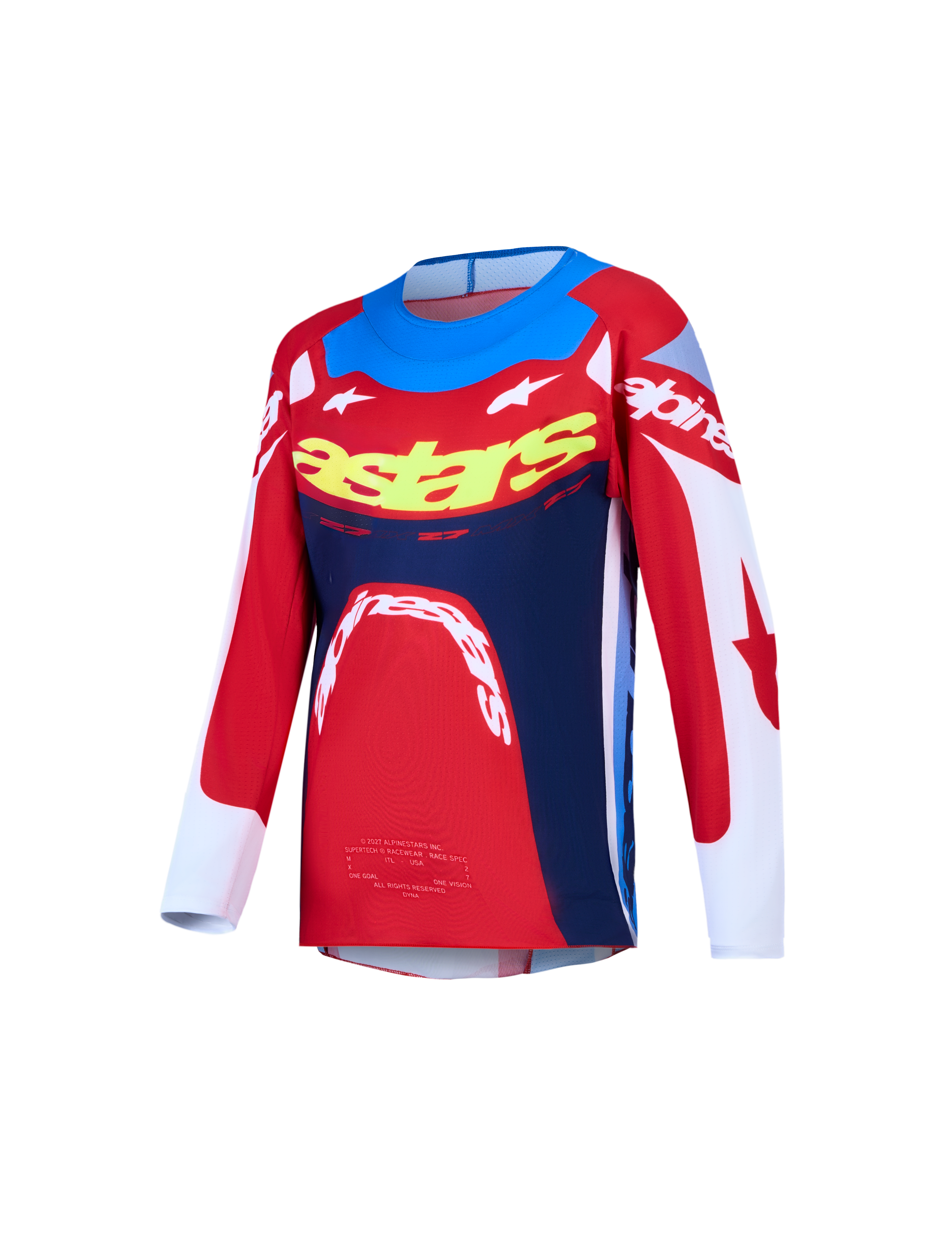 Alpinestars Youth Supertech Dyna Jersey, Red and Navy Blue Motocross racing top with pro-level stretch mesh and athletic fit.
