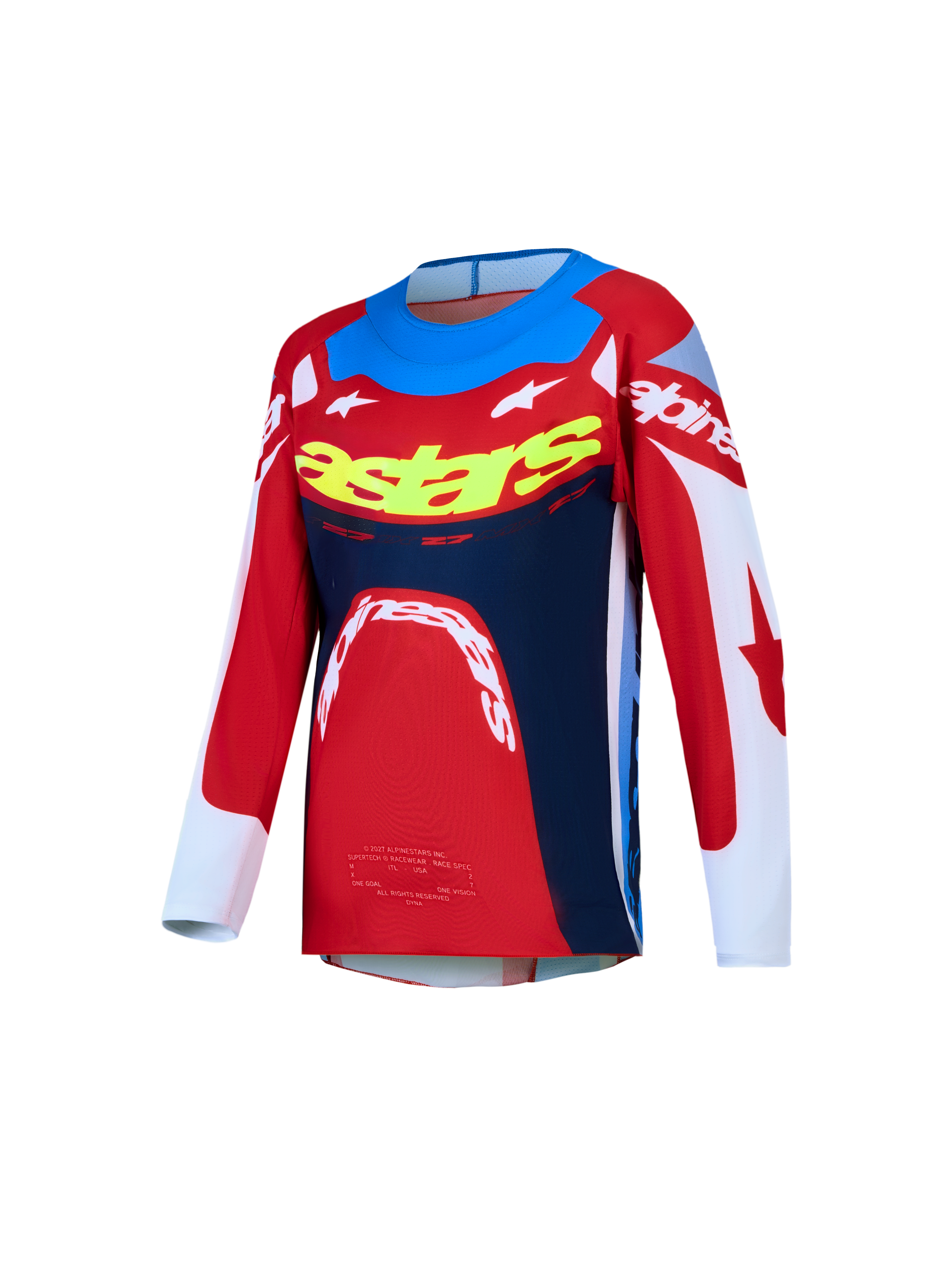 Alpinestars jeugd Supertech Dyna jersey 2027, motorcrossjersey, rood, wit en donkerblauw, van ademend stretchmesh.