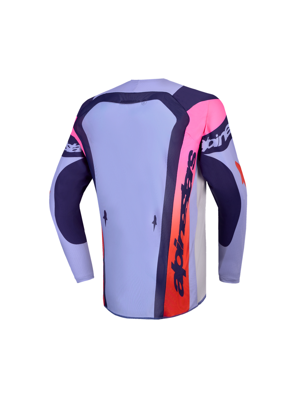 Alpinestars Jeugd Supertech Dyna Jersey 2027, paars en roze motocrossjersey, achteraanzicht met verlengd rugpand.