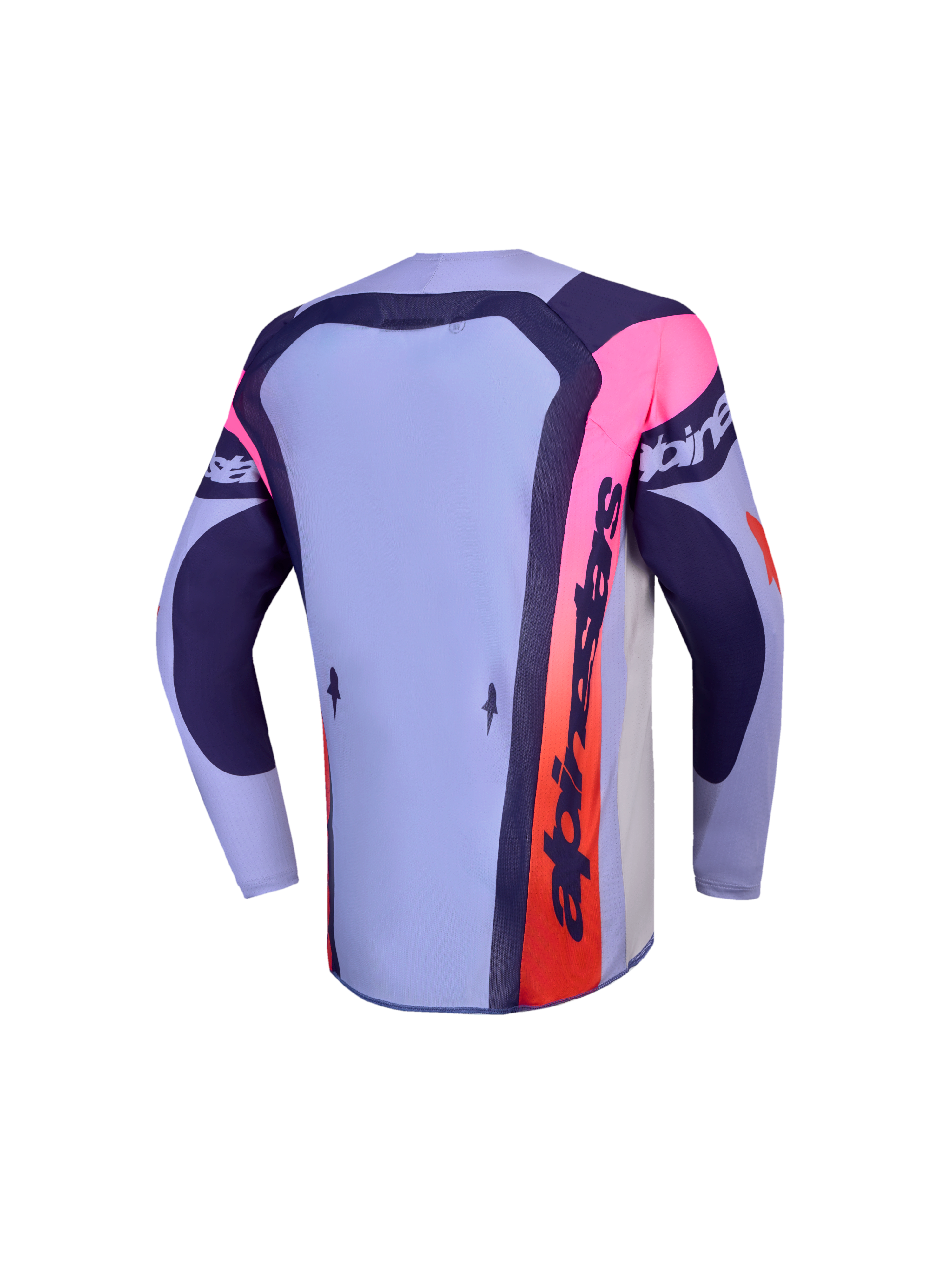 Alpinestars Jeugd Supertech Dyna Jersey 2027, paars en roze motocrossjersey, achteraanzicht met verlengd rugpand.