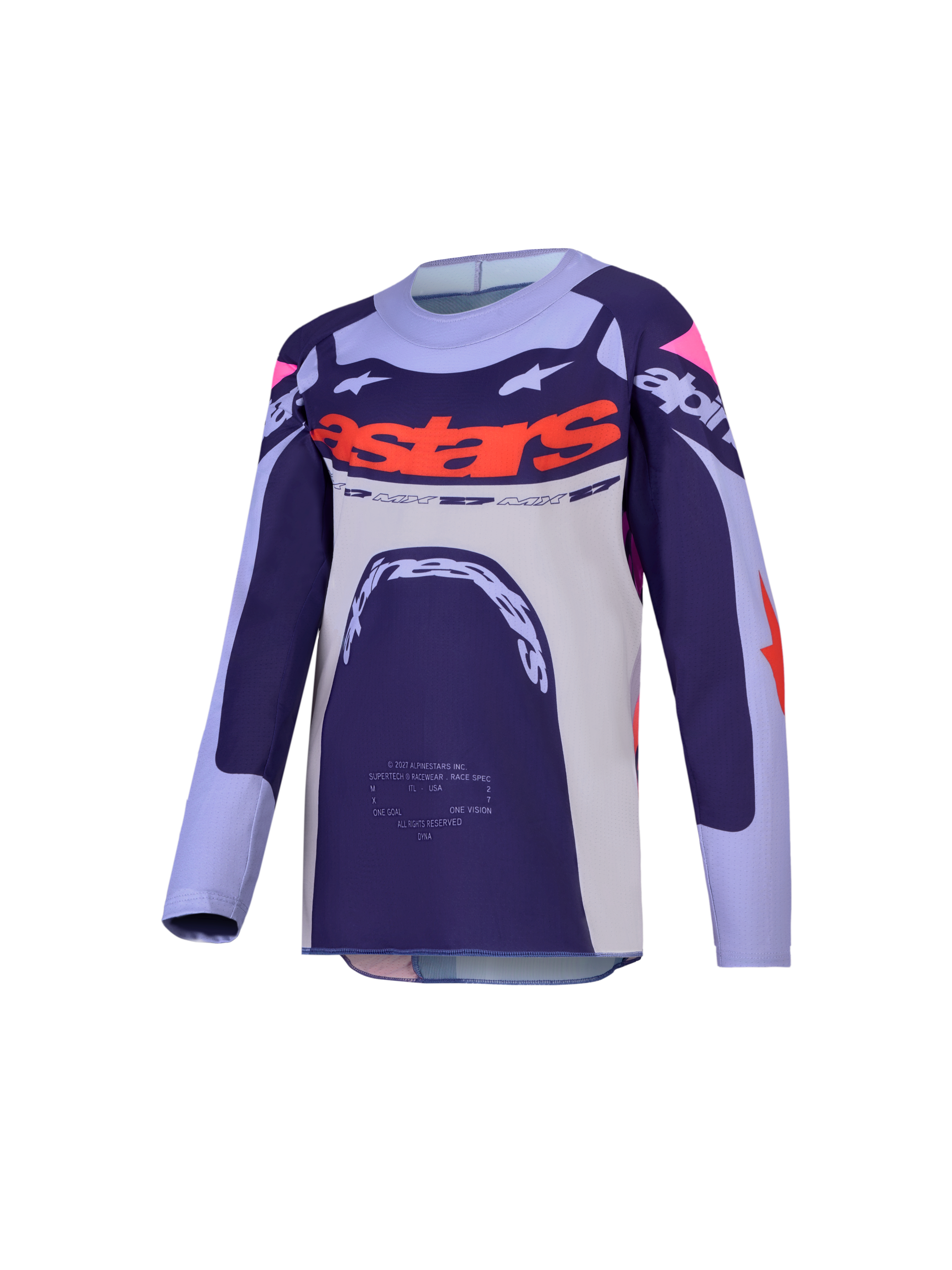 Alpinestars Jeugd Supertech Dyna jersey 2027, paars en fluo roze motocross-racejersey van ademend stretchmesh.