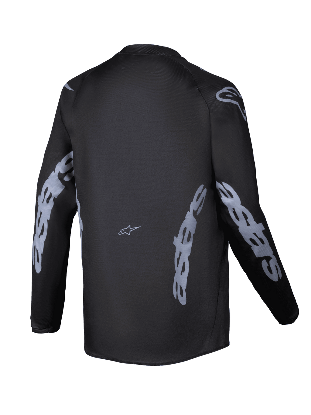Alpinestars 2025 Youth Racer Graphite Jersey, achteraanzicht, zwart en grijs, jeugd motocross shirt met lange mouwen, grijze Alpinestars-branding op de mouwen en zijkanten, vochtafvoerende stof met een verlengde achterkant voor off-road rijden
