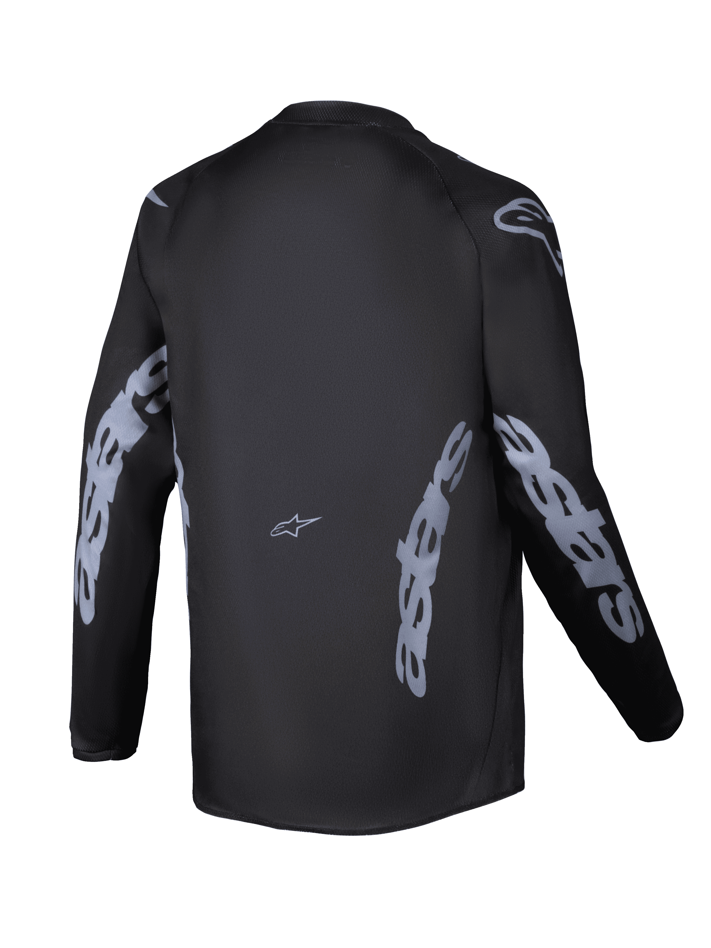 Alpinestars 2025 Youth Racer Graphite Jersey, achteraanzicht, zwart en grijs, jeugd motocross shirt met lange mouwen, grijze Alpinestars-branding op de mouwen en zijkanten, vochtafvoerende stof met een verlengde achterkant voor off-road rijden