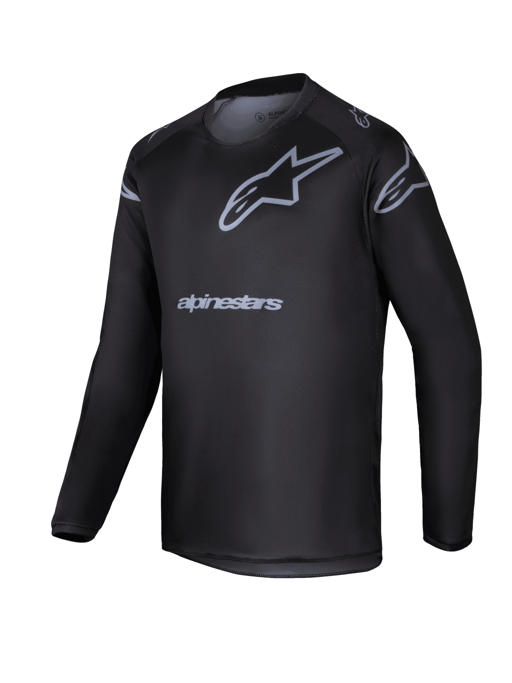 Alpinestars 2025 Youth Racer Graphite Jersey, zwart en grijs motorcross shirt met lange mouwen, voorzien van een grijs sterlogo en merknaam, lichtgewicht performance-uitrusting voor jeugd off-road rijden