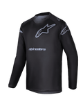 Alpinestars 2025 Youth Racer Graphite Jersey, zwart en grijs motorcross shirt met lange mouwen, voorzien van een grijs sterlogo en merknaam, lichtgewicht performance-uitrusting voor jeugd off-road rijden