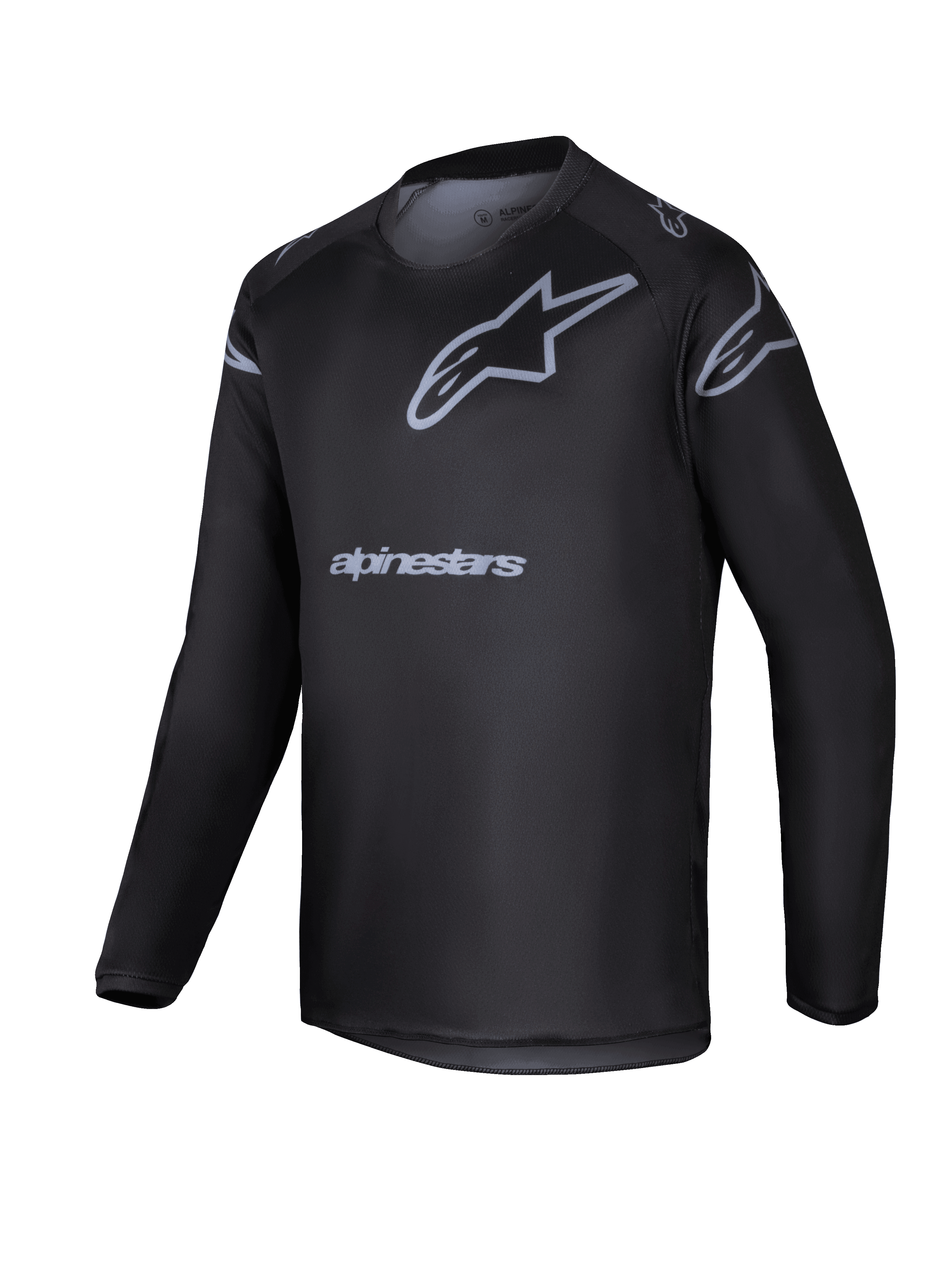 Alpinestars 2025 Youth Racer Graphite Jersey, zwart en grijs motorcross shirt met lange mouwen, voorzien van een grijs sterlogo en merknaam, lichtgewicht performance-uitrusting voor jeugd off-road rijden