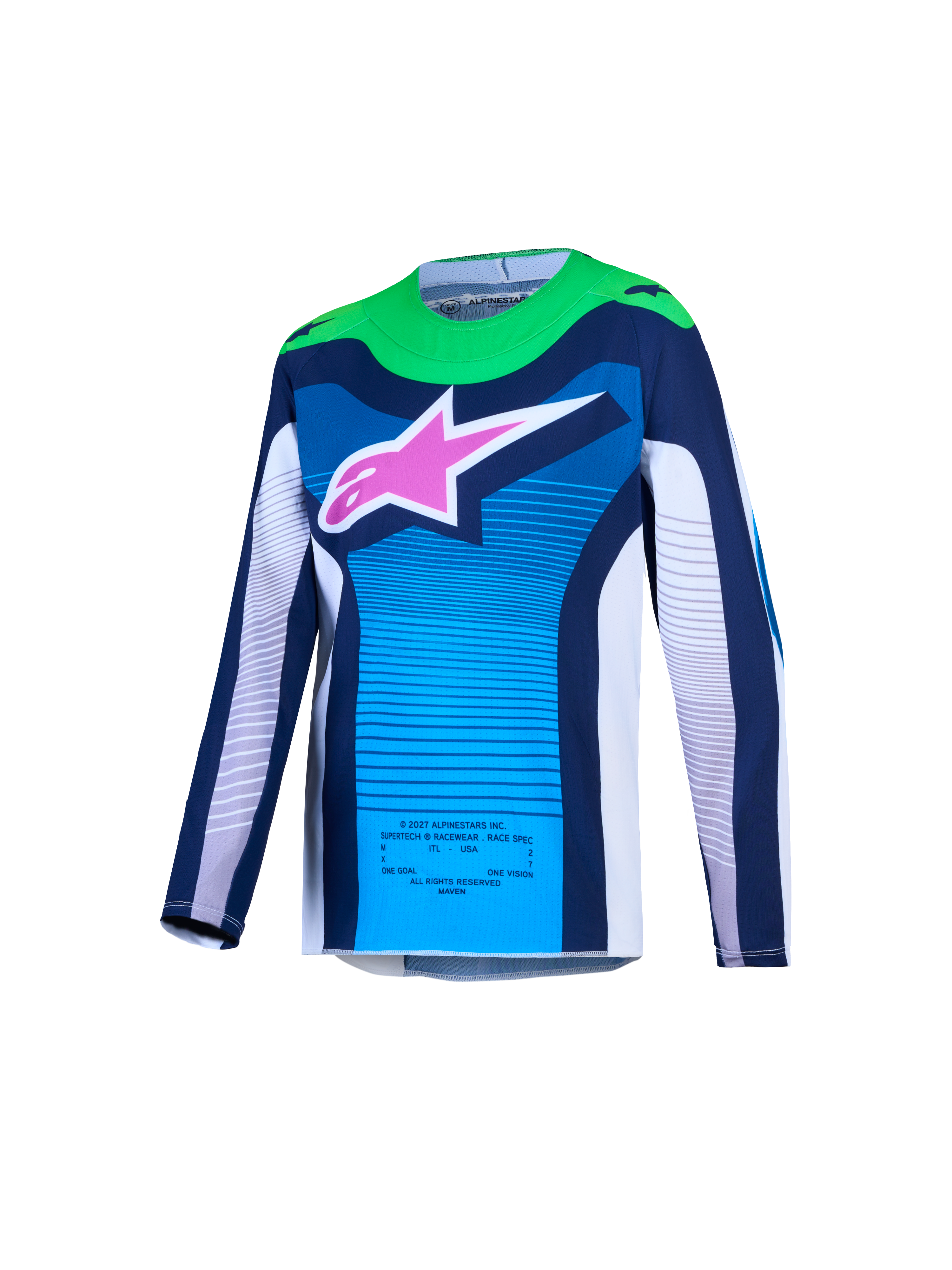 Alpinestars Youth Supertech Maven Jersey AND Gear Set, blue and white motocross jersey with green accents and pink star logo.