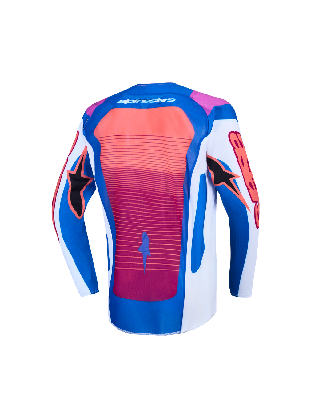 Alpinestars Youth Supertech Maven Jersey and Gear Set, back view in blue and hot coral, lightweight motocross racing top.