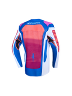 Alpinestars Youth Supertech Maven Jersey and Gear Set, back view in blue and hot coral, lightweight motocross racing top.