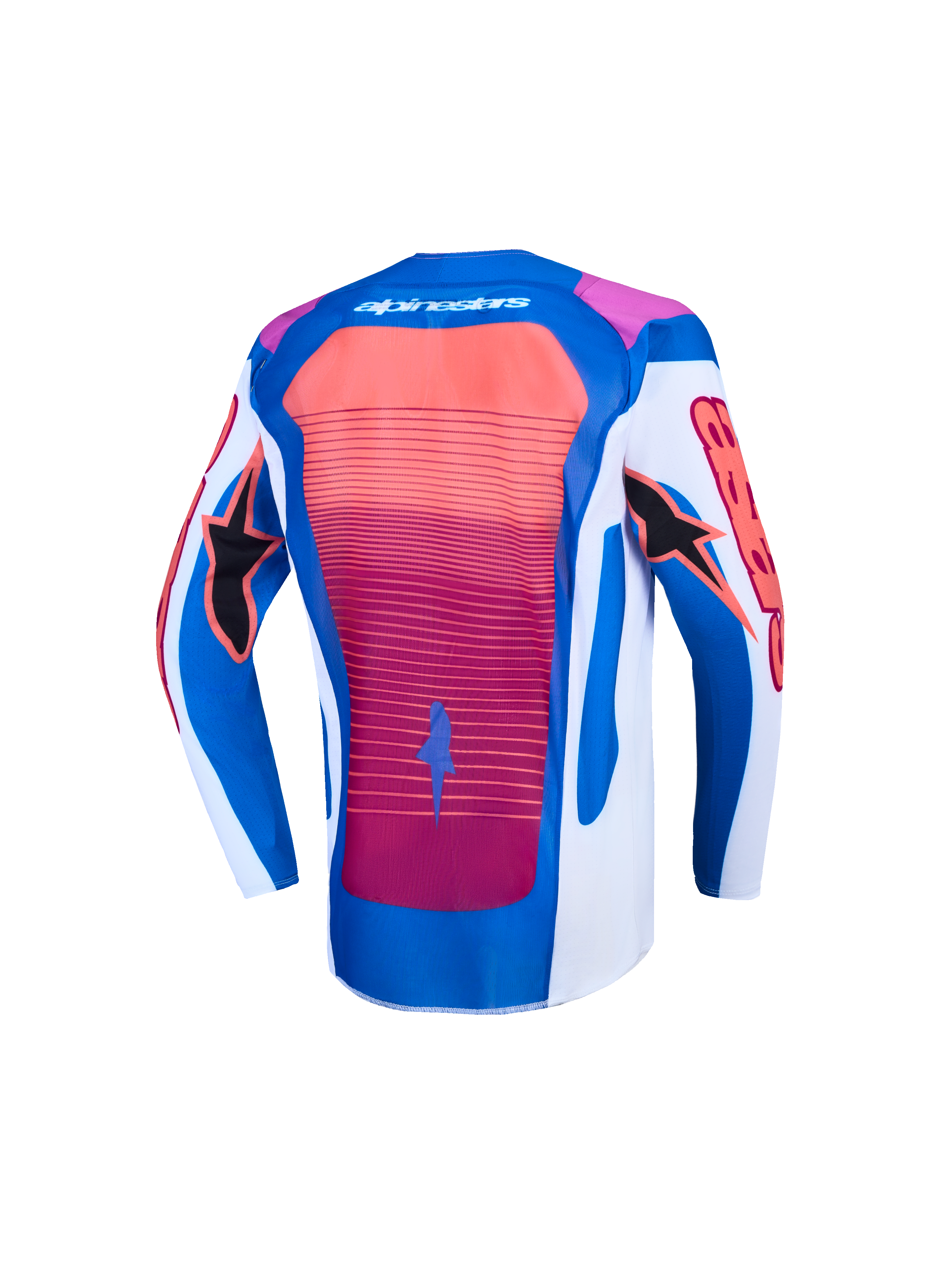 Alpinestars Youth Supertech Maven Jersey and Gear Set, back view in blue and hot coral, lightweight motocross racing top.