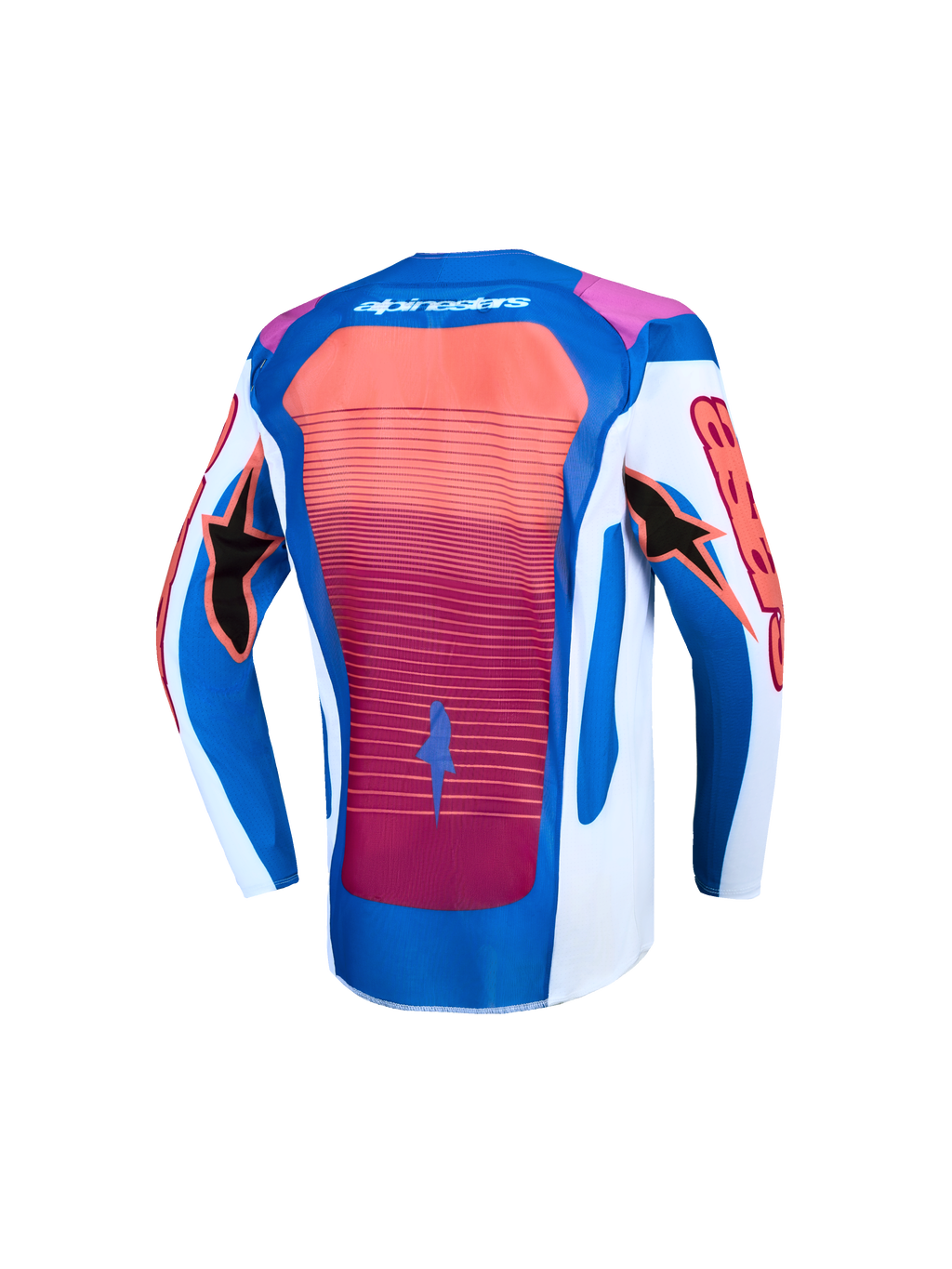 Alpinestars Jeugd Supertech Maven motorcrossjersey, blauw, wit en koraal, met een geventileerd mesh rugpand.
