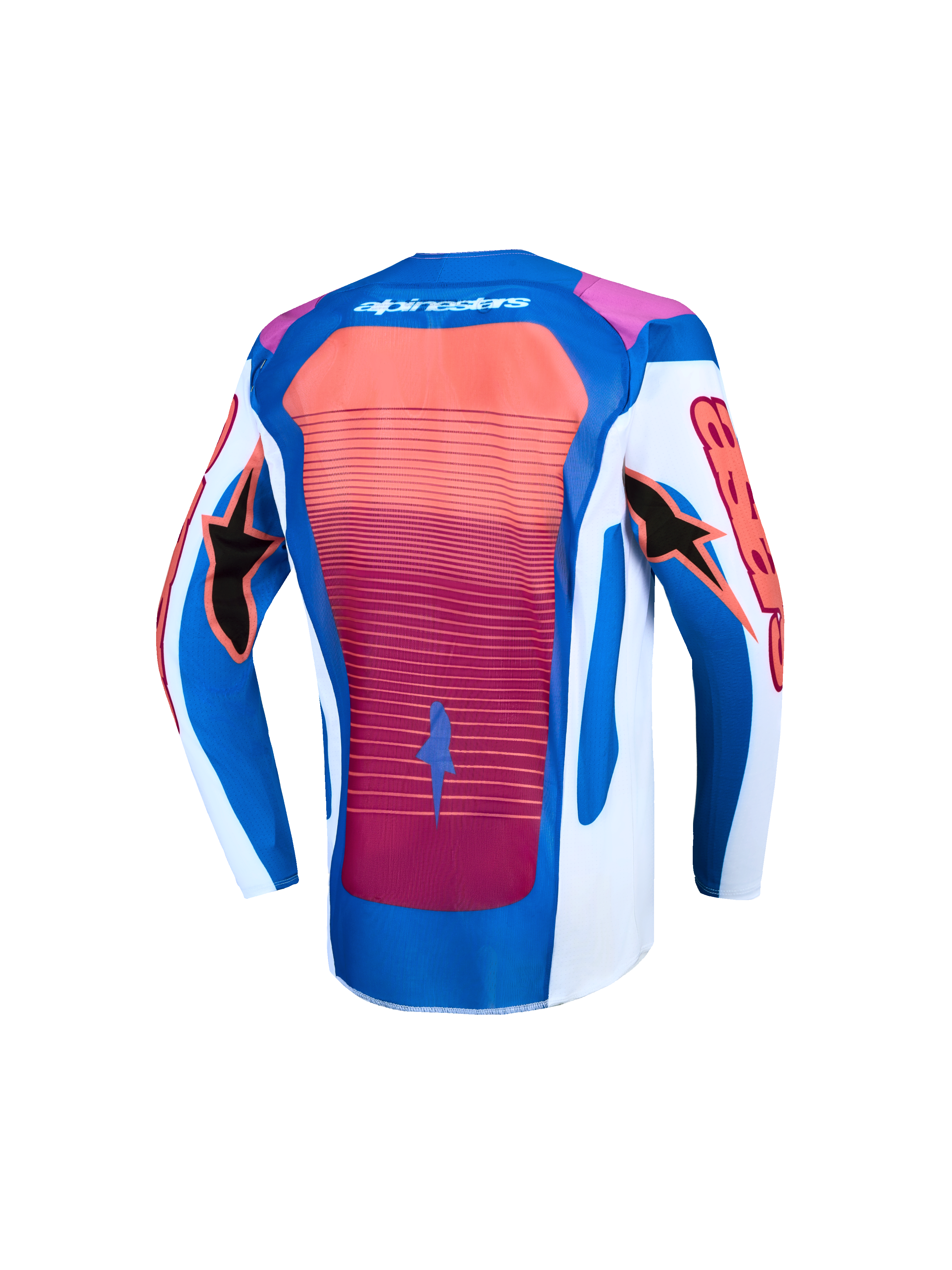 Alpinestars Jeugd Supertech Maven motorcrossjersey, blauw, wit en koraal, met een geventileerd mesh rugpand.