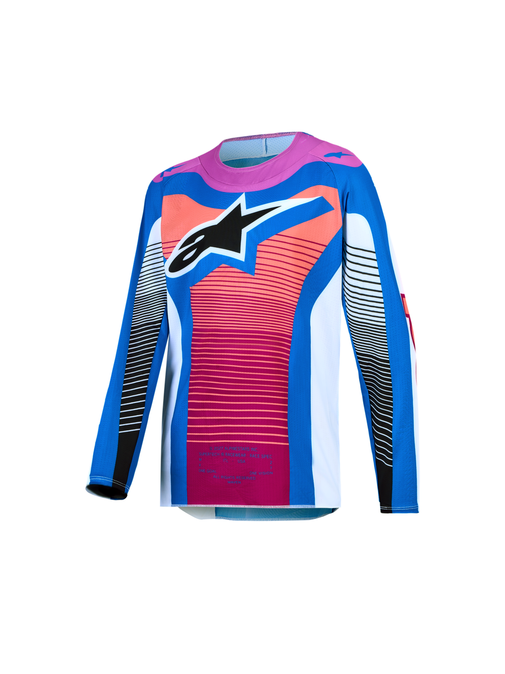 Alpinestars Jeugd Supertech Maven Jersey 2027, motorcrossjersey voor kinderen, blauw en hot coral, lichtgewicht stretchmesh met atletische pasvorm en groot Astars-logo.