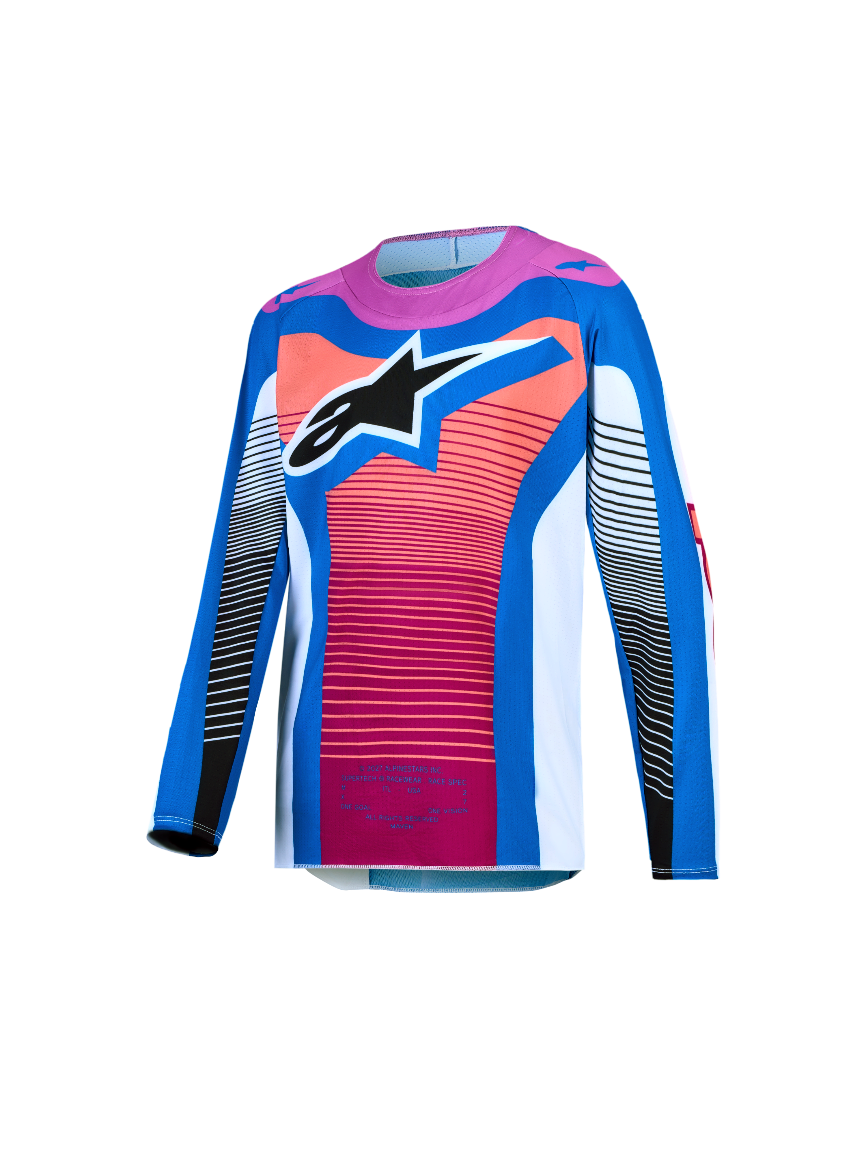 Alpinestars Jeugd Supertech Maven Jersey 2027, motorcrossjersey voor kinderen, blauw en hot coral, lichtgewicht stretchmesh met atletische pasvorm en groot Astars-logo.
