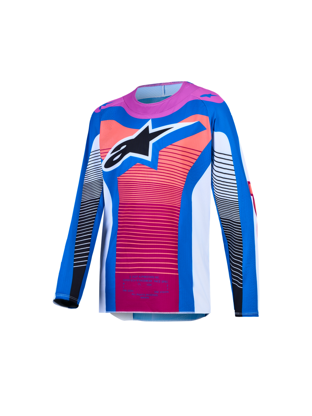 Alpinestars Youth Supertech Maven Jersey, Motocross Racing, Blithe Blue and Hot Coral, ventilated mesh with black star logo.