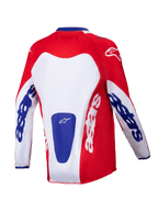 Alpinestars 2025 Youth Racer Veil Jersey, jeugd motocross shirt, helder rood en wit met blauwe accenten, achteraanzicht met opvallende 'astars' branding op de mouwen en rug, ontworpen voor off-road prestaties voor de jeugd