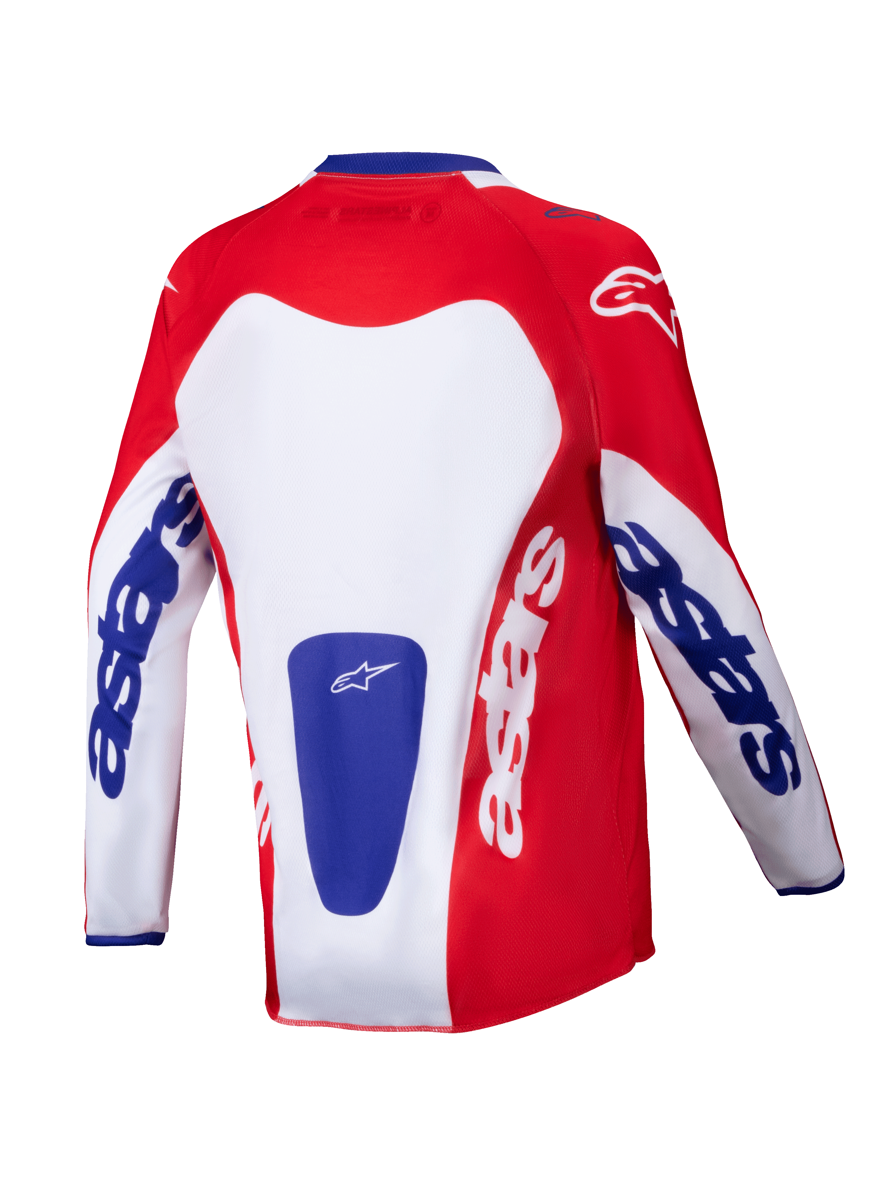 Alpinestars 2025 Youth Racer Veil Jersey, jeugd motocross shirt, helder rood en wit met blauwe accenten, achteraanzicht met opvallende 'astars' branding op de mouwen en rug, ontworpen voor off-road prestaties voor de jeugd