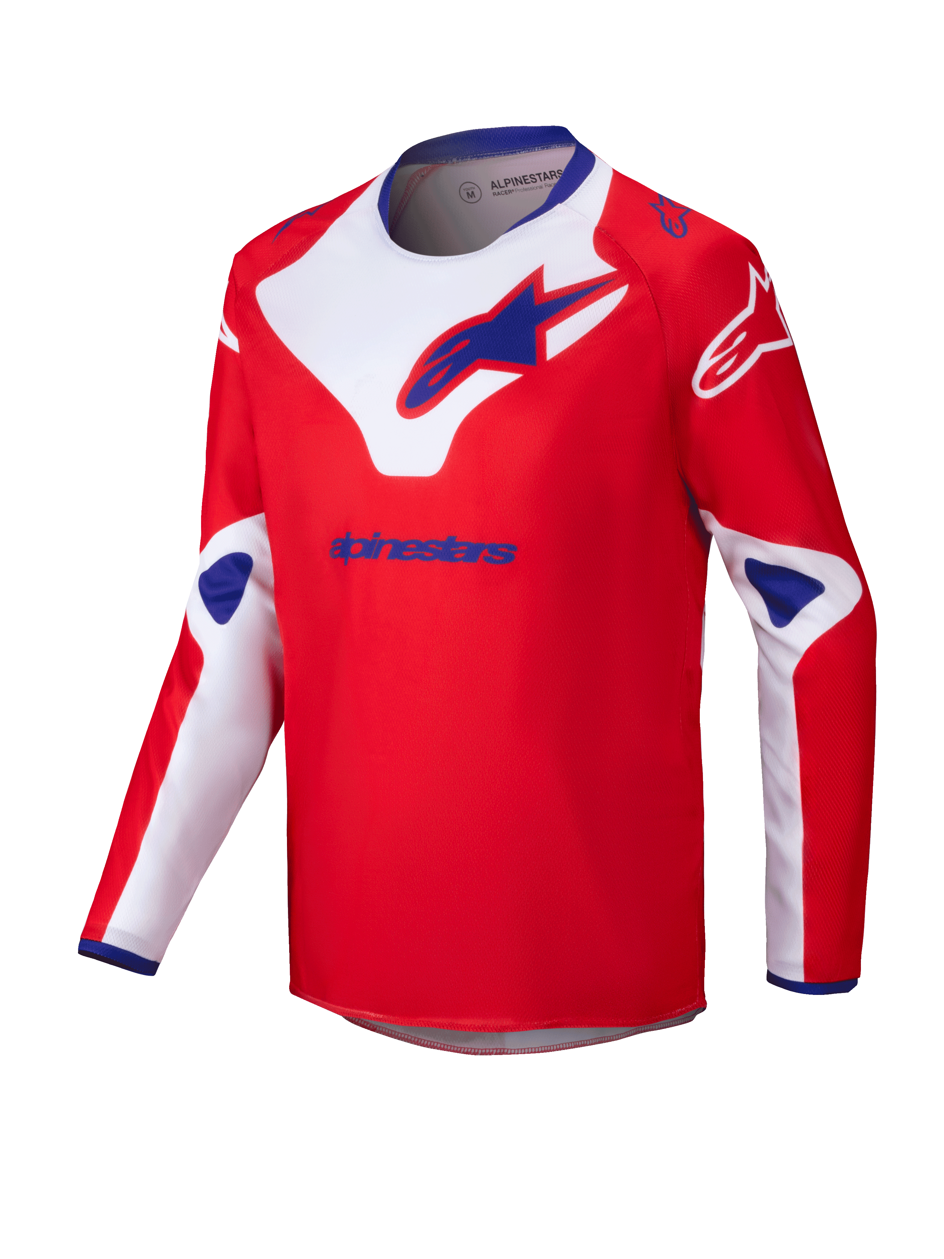Alpinestars 2025 Youth Racer Veil Jersey, jeugd motorcrossshirt, rood met witte en blauwe accenten, vochtafvoerende stof met lange mouwen, grote Alpinestars-logo's op de borst en schouders, blauwe binnenkraag, prestatiegerichte off-road kleding