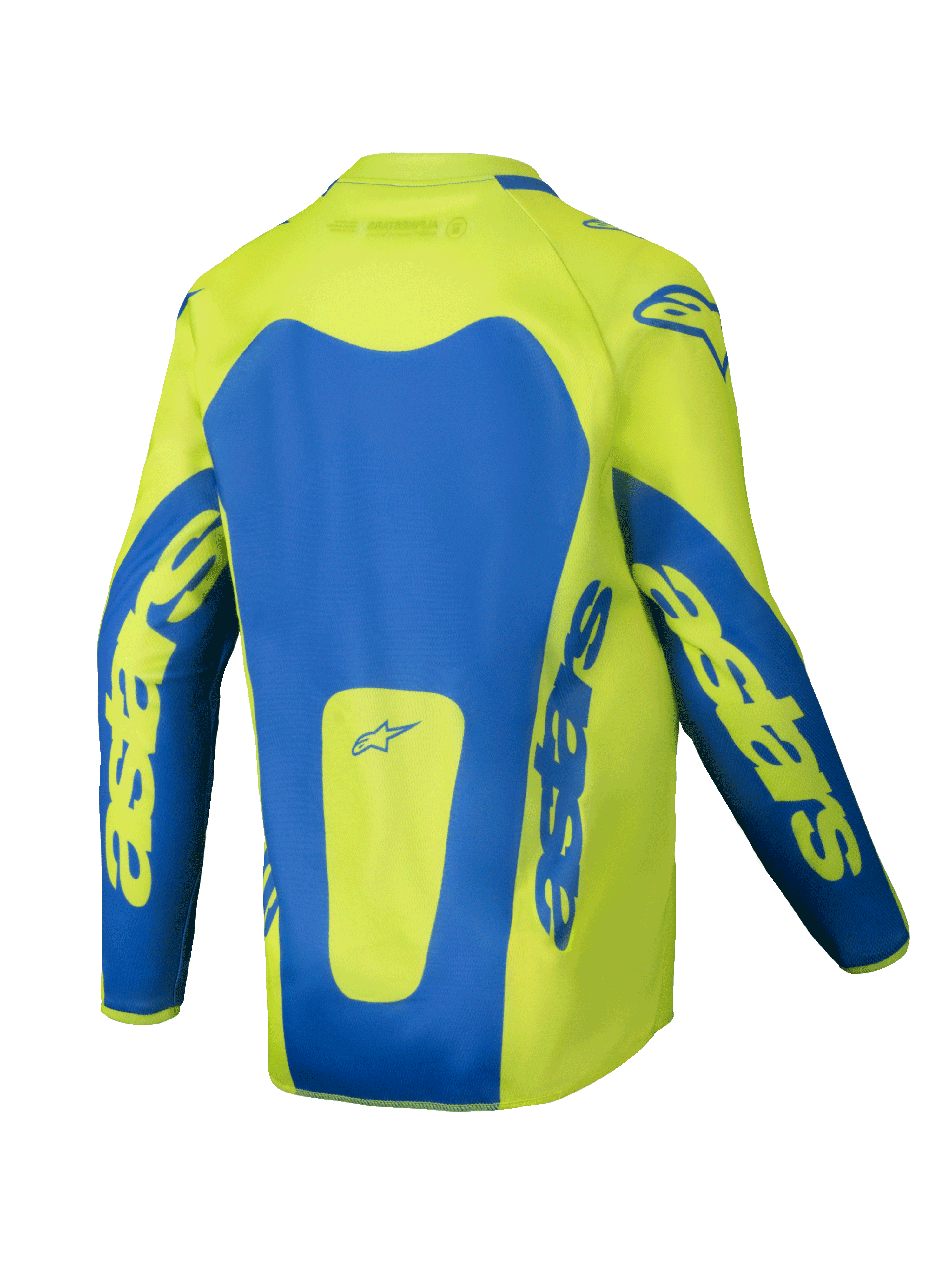 Alpinestars 2025 Youth Racer Veil Jersey, motocross jersey, fluogeel en blauw, achteraanzicht met opvallende blauwe panelen en Astars-branding op de mouwen, langer achterpand voor bedekking, lichtgewicht vochtafvoerende stof voor off-road racen.