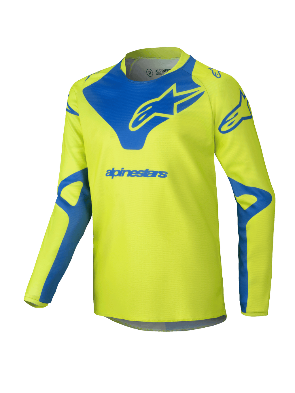 Alpinestars 2025 Youth Racer Veil Jersey, motorcross shirt, neongeel en blauw, technisch shirt met lange mouwen, blauw Alpinestars-logo op de borst en schouders, lichtgewicht vochtafvoerende stof voor off-road rijden