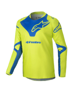 Alpinestars 2025 Youth Racer Veil Jersey, motorcross shirt, neongeel en blauw, technisch shirt met lange mouwen, blauw Alpinestars-logo op de borst en schouders, lichtgewicht vochtafvoerende stof voor off-road rijden