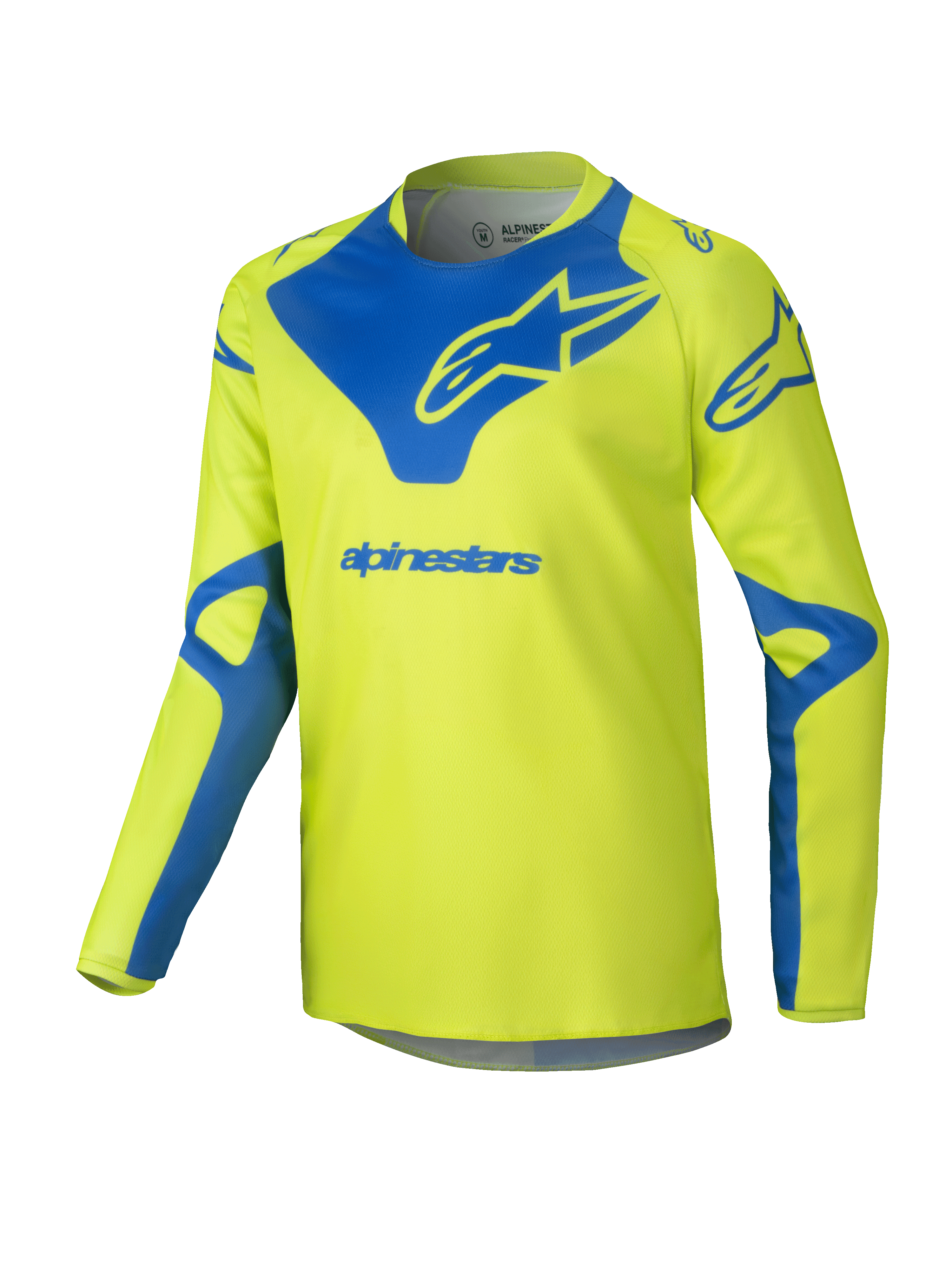 Alpinestars 2025 Youth Racer Veil Jersey, motorcross shirt, neongeel en blauw, technisch shirt met lange mouwen, blauw Alpinestars-logo op de borst en schouders, lichtgewicht vochtafvoerende stof voor off-road rijden
