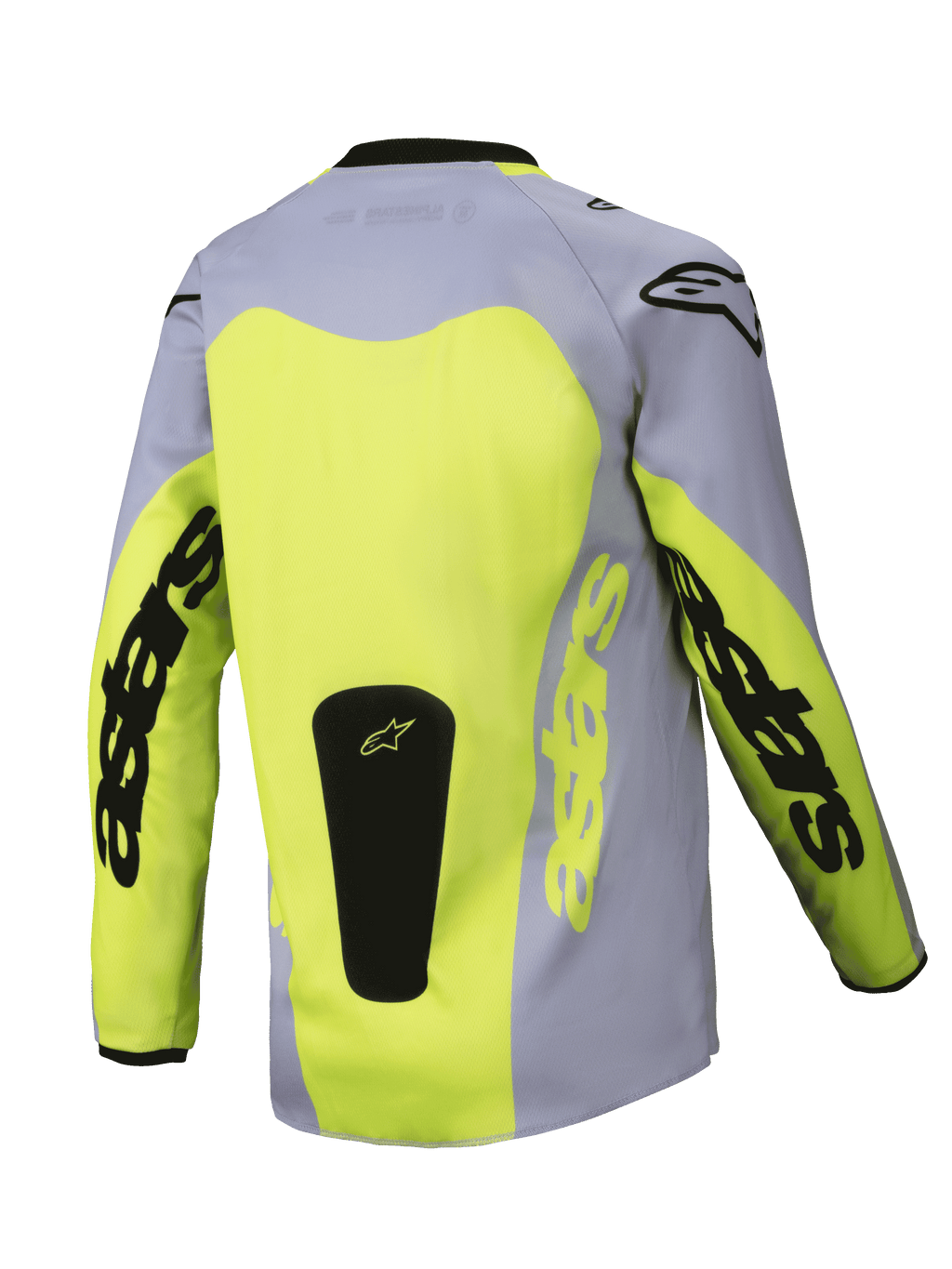 Alpinestars 2025 Youth Racer Veil Jersey, achteraanzicht, grijs en fluorescerend geel, met een groot geel rugpaneel en Astars-branding op de mouwen, zwarte logopatch aan de onderkant, lichtgewicht motorcrossuitrusting voor off-road rijden