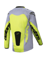 Alpinestars 2025 Youth Racer Veil Jersey, achteraanzicht, grijs en fluorescerend geel, met een groot geel rugpaneel en Astars-branding op de mouwen, zwarte logopatch aan de onderkant, lichtgewicht motorcrossuitrusting voor off-road rijden