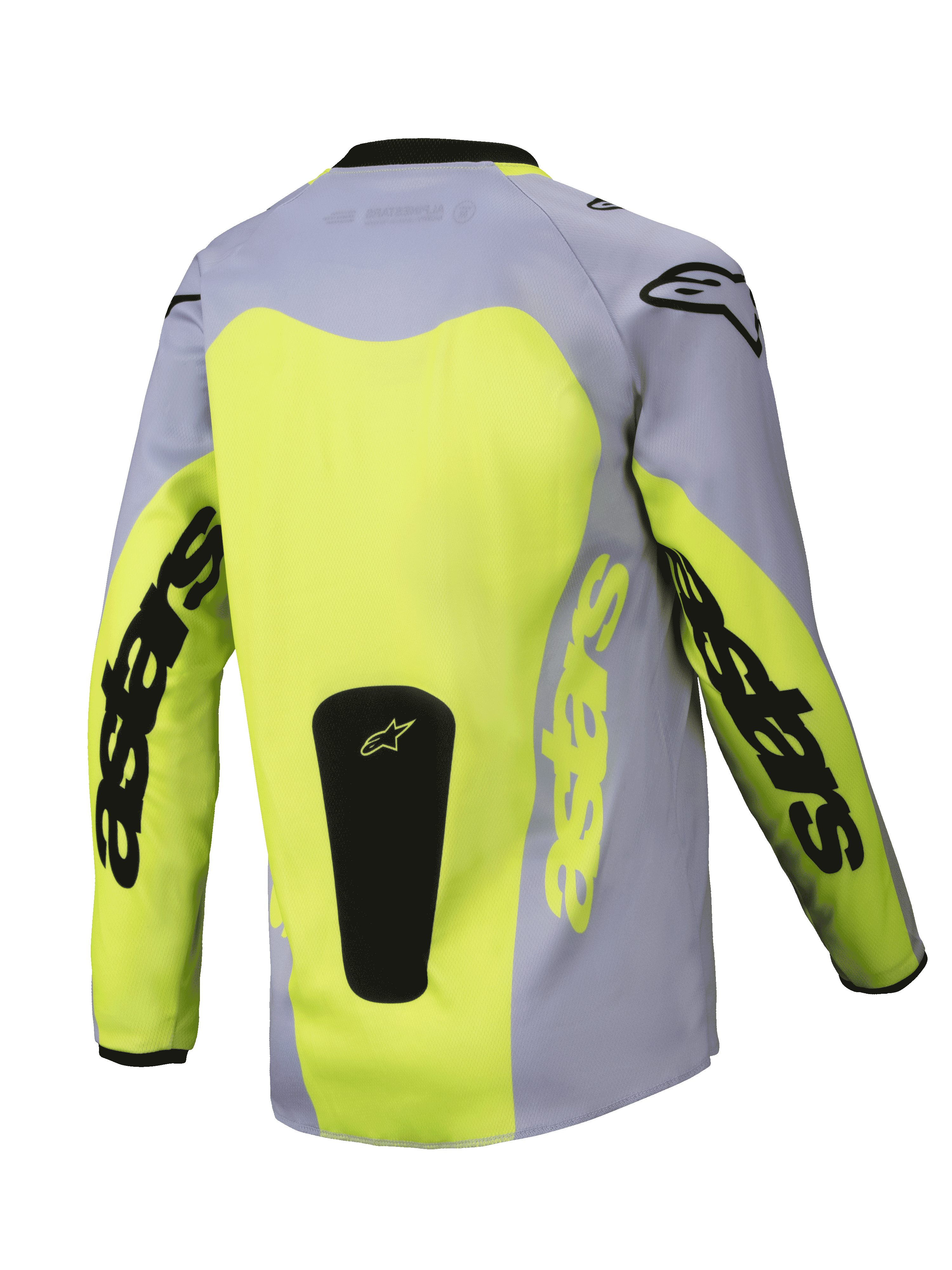 Alpinestars 2025 Youth Racer Veil Jersey, achteraanzicht, grijs en fluorescerend geel, met een groot geel rugpaneel en Astars-branding op de mouwen, zwarte logopatch aan de onderkant, lichtgewicht motorcrossuitrusting voor off-road rijden