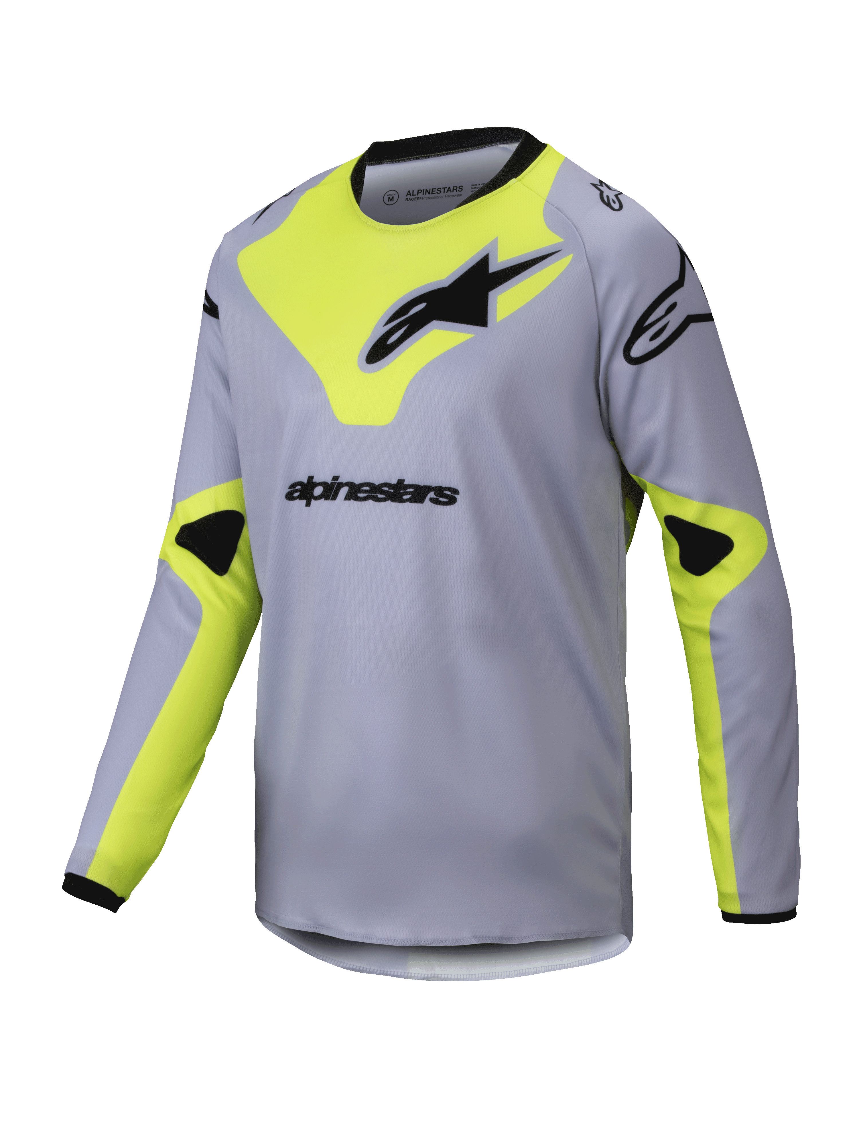 Alpinestars 2025 Youth Racer Veil Jersey, jeugd motorcrossshirt met lange mouwen, grijs en fluoriserend geel, zwarte logo's, lichtgewicht ademende stof, zwarte hals en boorden, geometrisch ontwerp