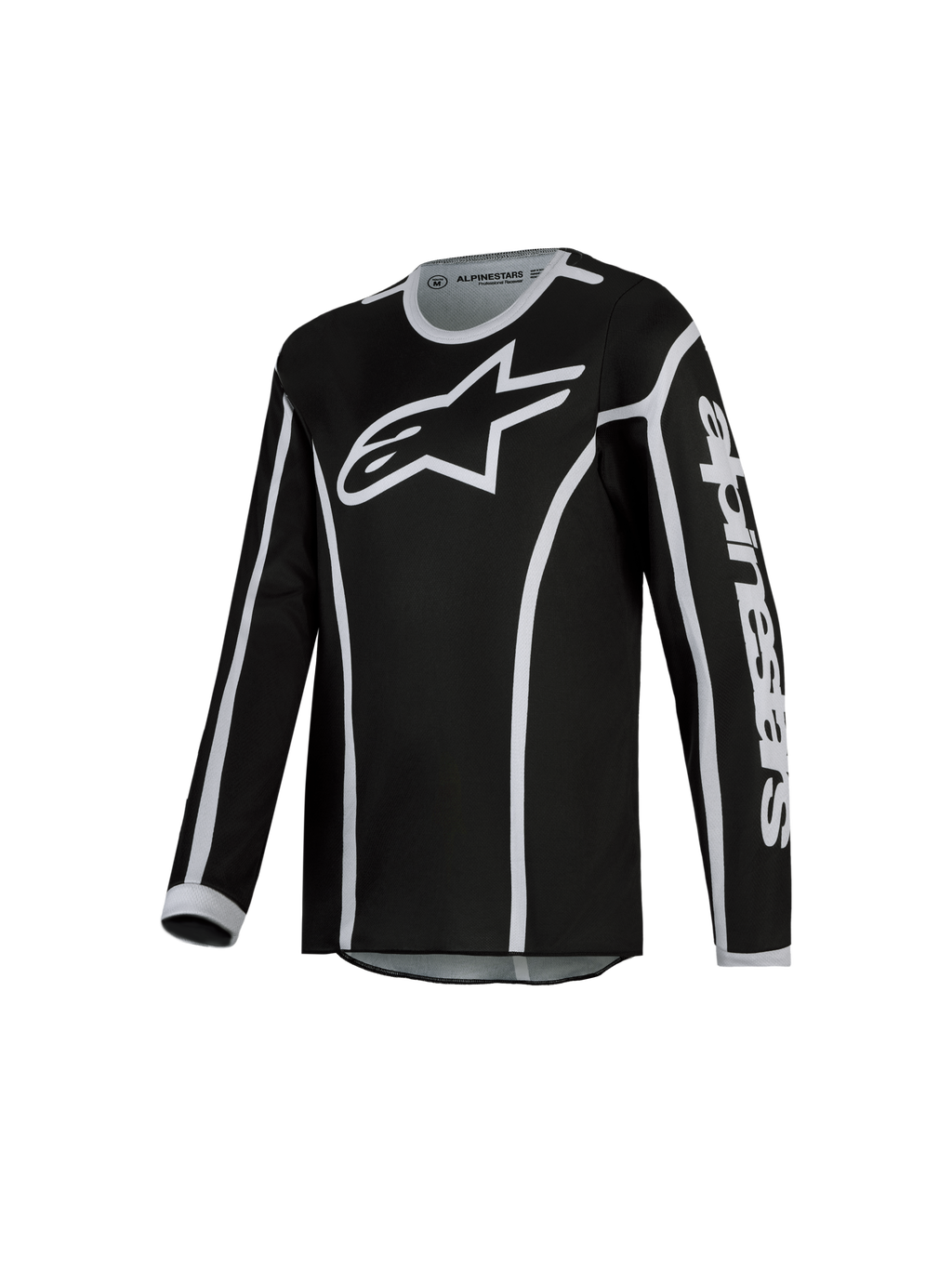 Alpinestars Jeugd Fluid Apex V2 Jersey 2027, motorcrossjersey voor off-road sporten, zwart en zilver, vochtafvoerende polyfabric met ademend ergonomisch ontwerp.