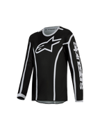 Alpinestars Jeugd Fluid Apex V2 Jersey 2027, motorcrossjersey voor off-road sporten, zwart en zilver, vochtafvoerende polyfabric met ademend ergonomisch ontwerp.