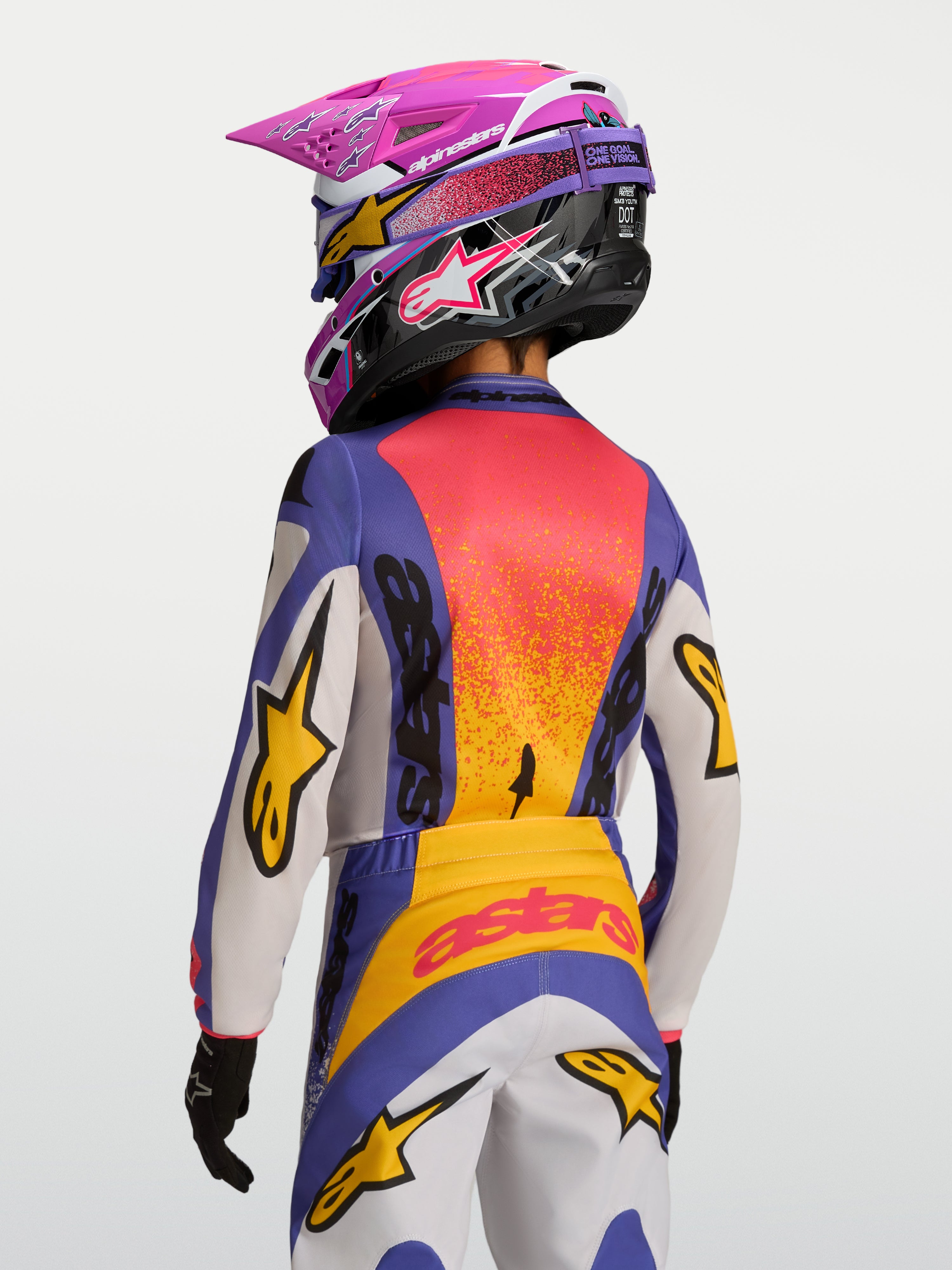 Alpinestars Jeugd Fluid Drag jersey 2027, paars en oranje motocrossjersey voor kinderen, vochtafvoerend textiel.