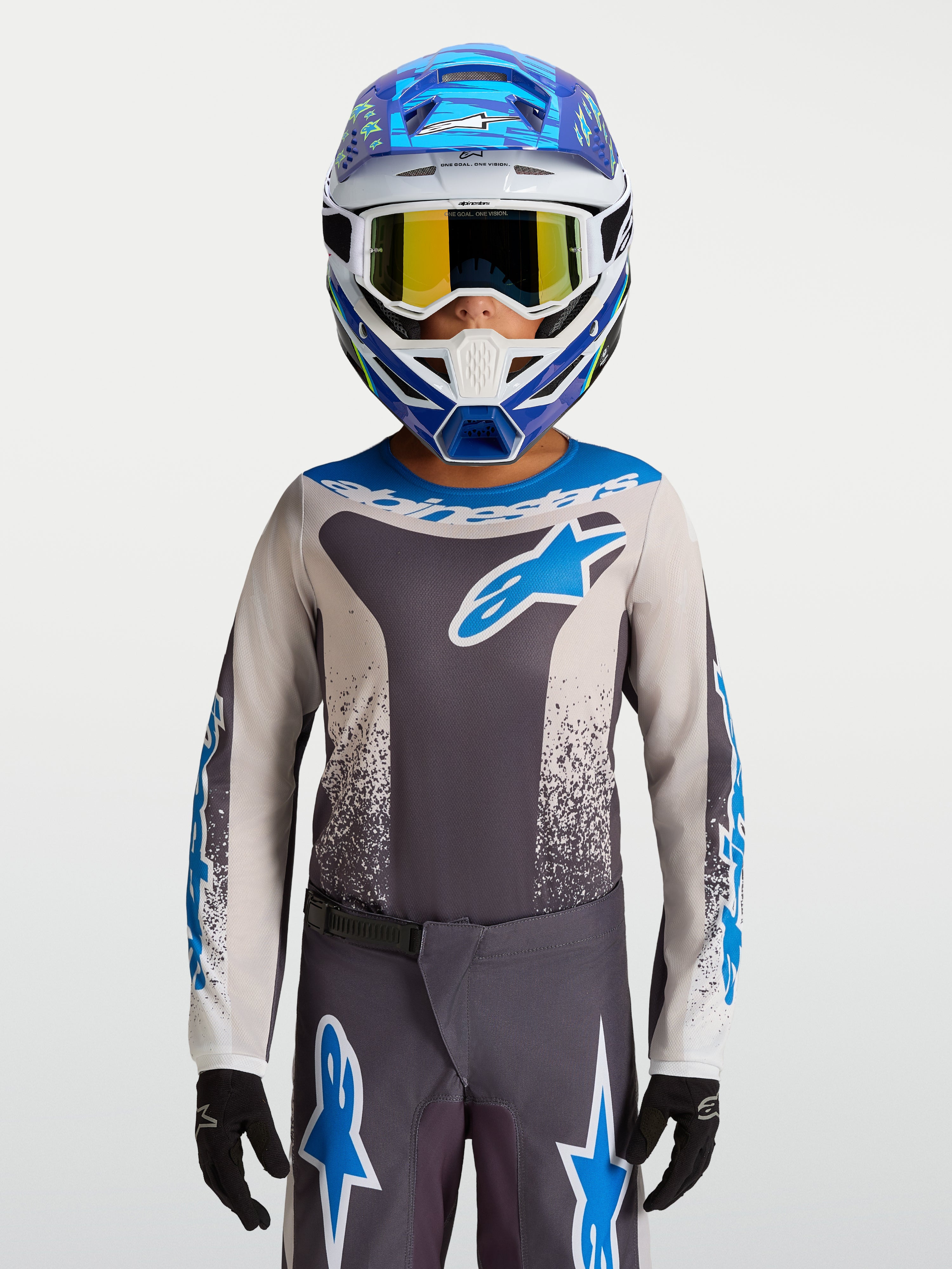 Alpinestars Jeugd Fluid Drag Jersey 2027, grijs en blauw motorcrossjersey van vochtafvoerende poly-stof.