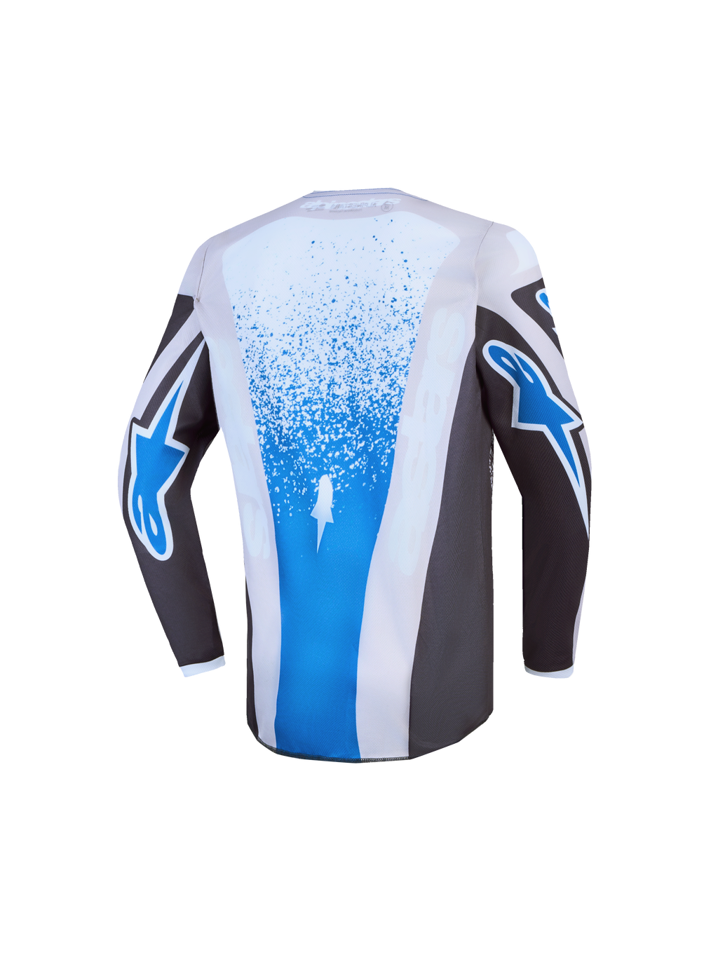 Alpinestars Jeugd Fluid Drag Jersey 2027, grijze en blauwe motorcrossjersey voor jeugd met een verlengde achterkant.