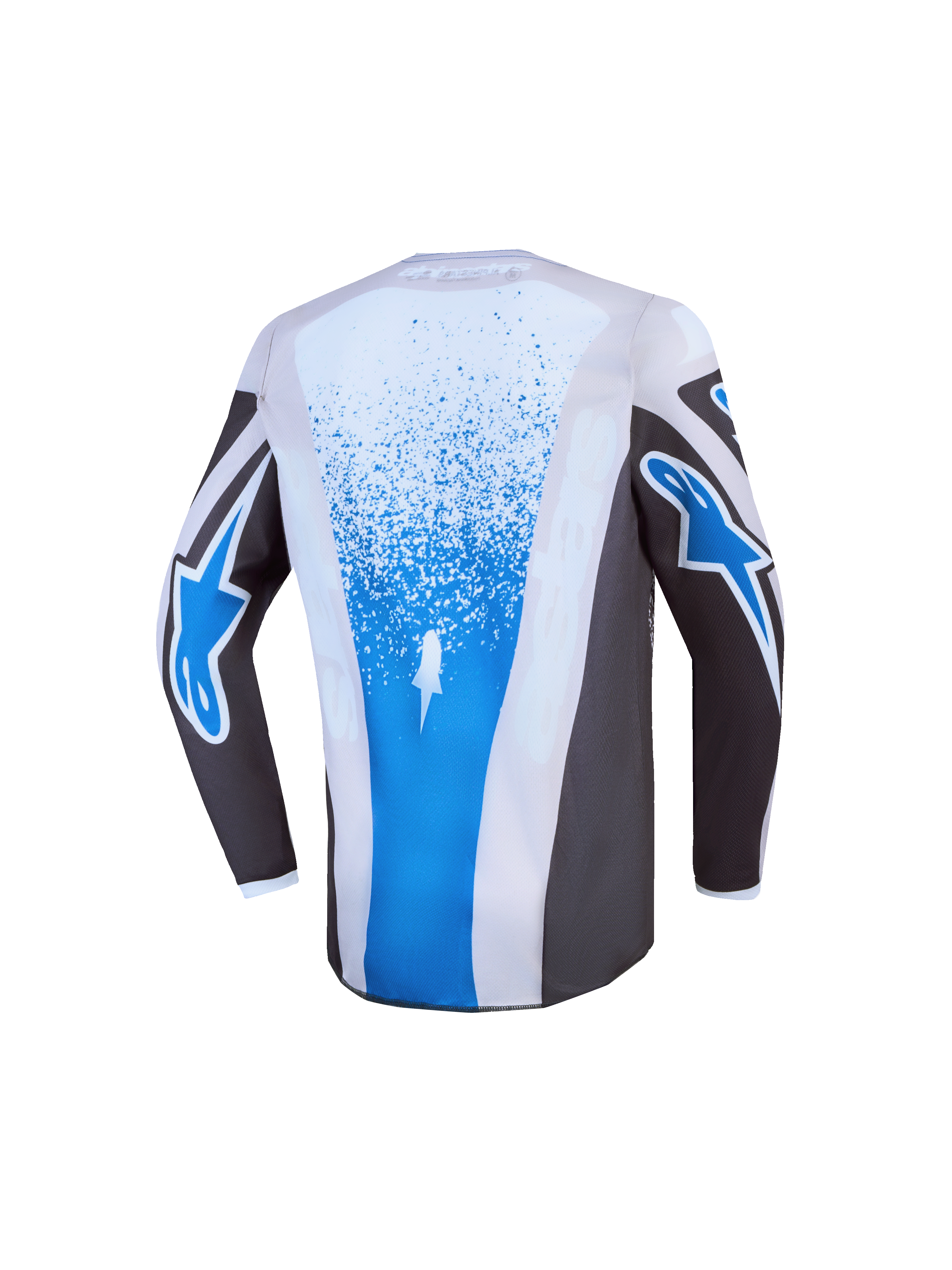 Alpinestars Jeugd Fluid Drag Jersey 2027, grijze en blauwe motorcrossjersey voor jeugd met een verlengde achterkant.