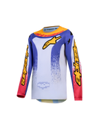 Alpinestars Jeugd Fluid Drag Jersey 2027, ademende blauwe en witte motorcross-jersey voor kinderen met gele en rode graphics, lichtgewicht polyfabric voor off-road ritten.