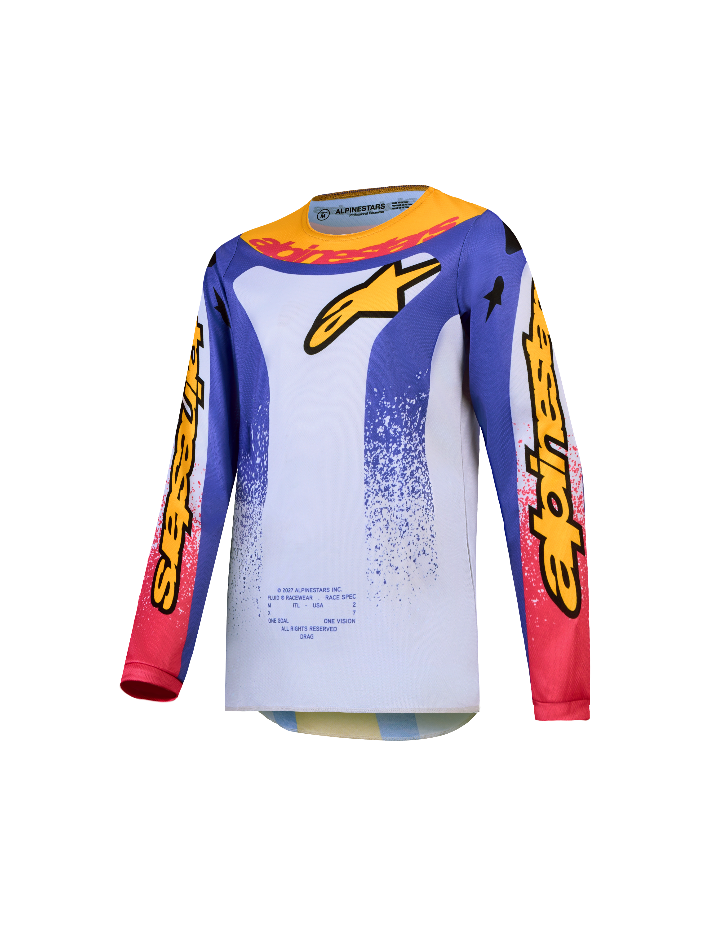 Alpinestars Jeugd Fluid Drag Jersey 2027, ademende blauwe en witte motorcross-jersey voor kinderen met gele en rode graphics, lichtgewicht polyfabric voor off-road ritten.