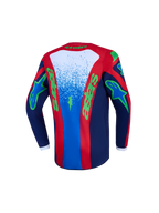 Alpinestars Jeugd Fluid Drag jersey, blauwe en rode motocrossjersey met groene graphics en vochtafvoerende stof.