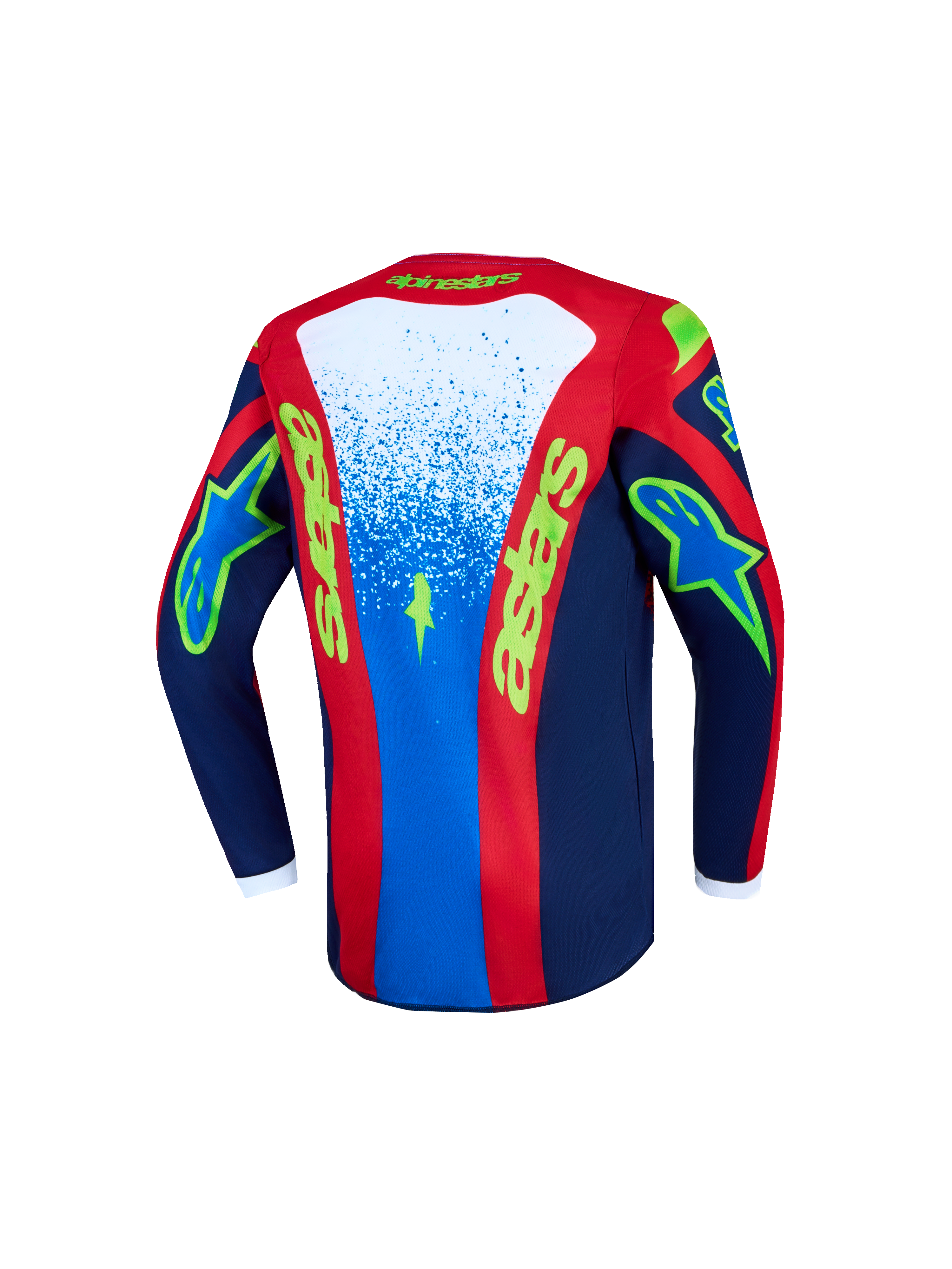 Alpinestars 2027 Youth Fluid Drag Jersey, youth motocross jersey in blue and red, moisture-wicking polyfabric back view.
